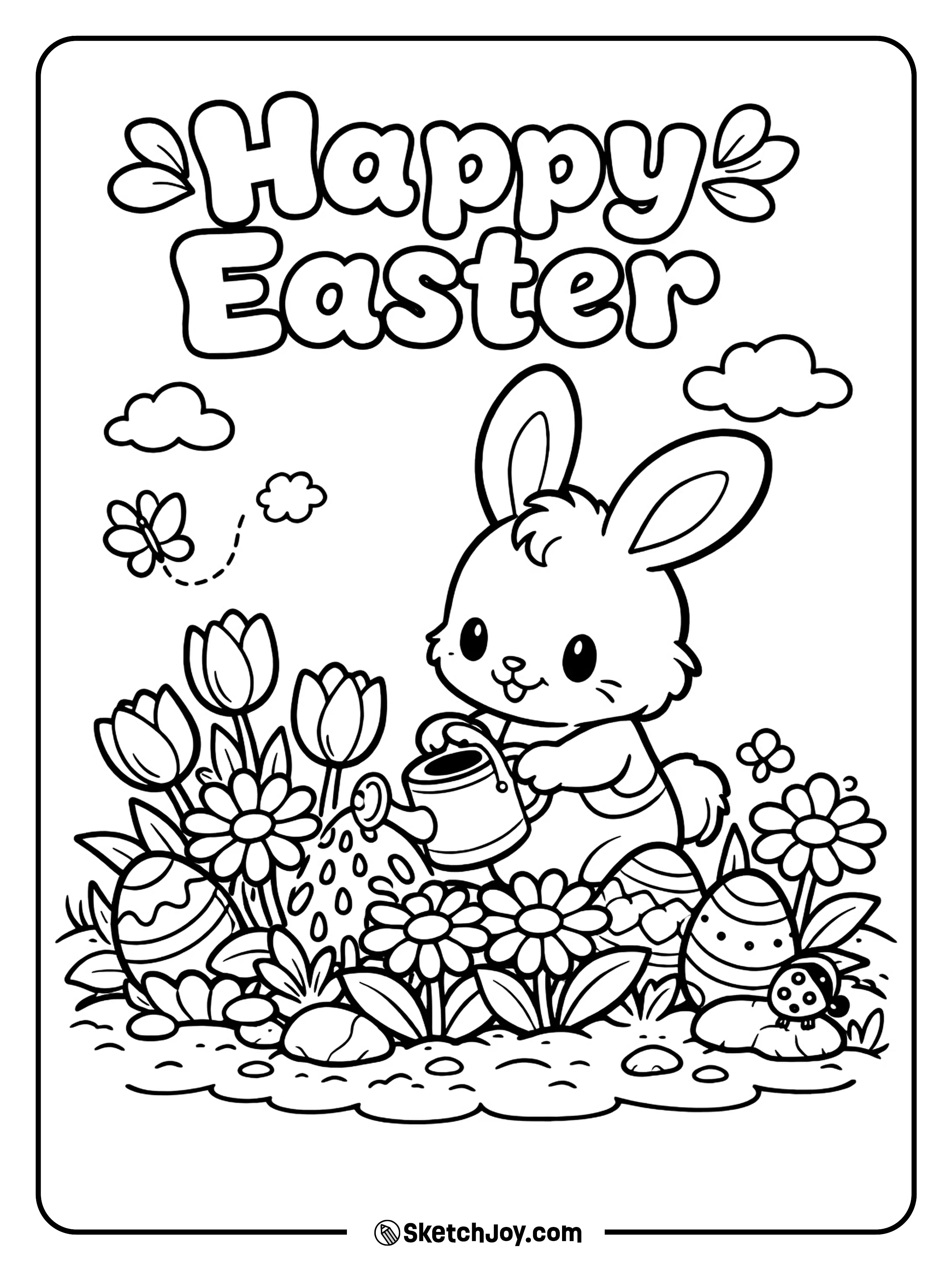 A bunny waters flowers that grow beside hidden eggs.