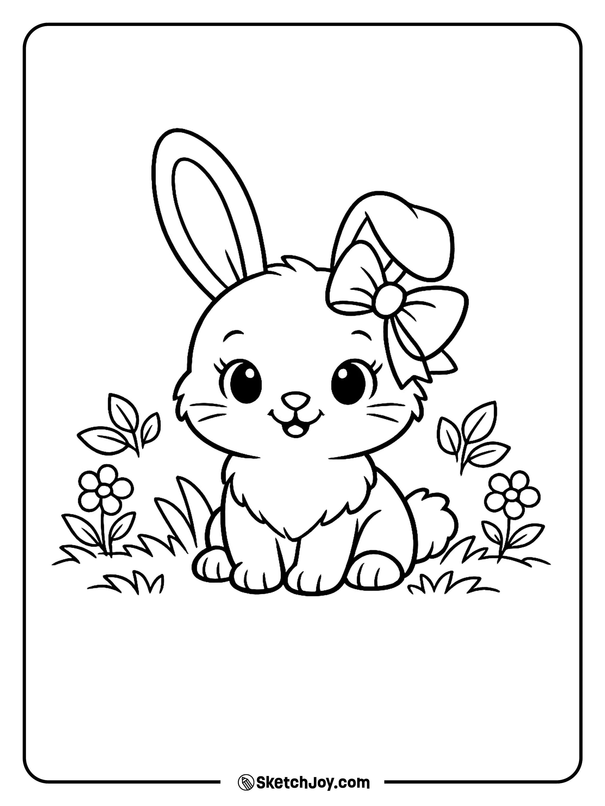 A sweet bunny sitting with a pretty bow by one ear.