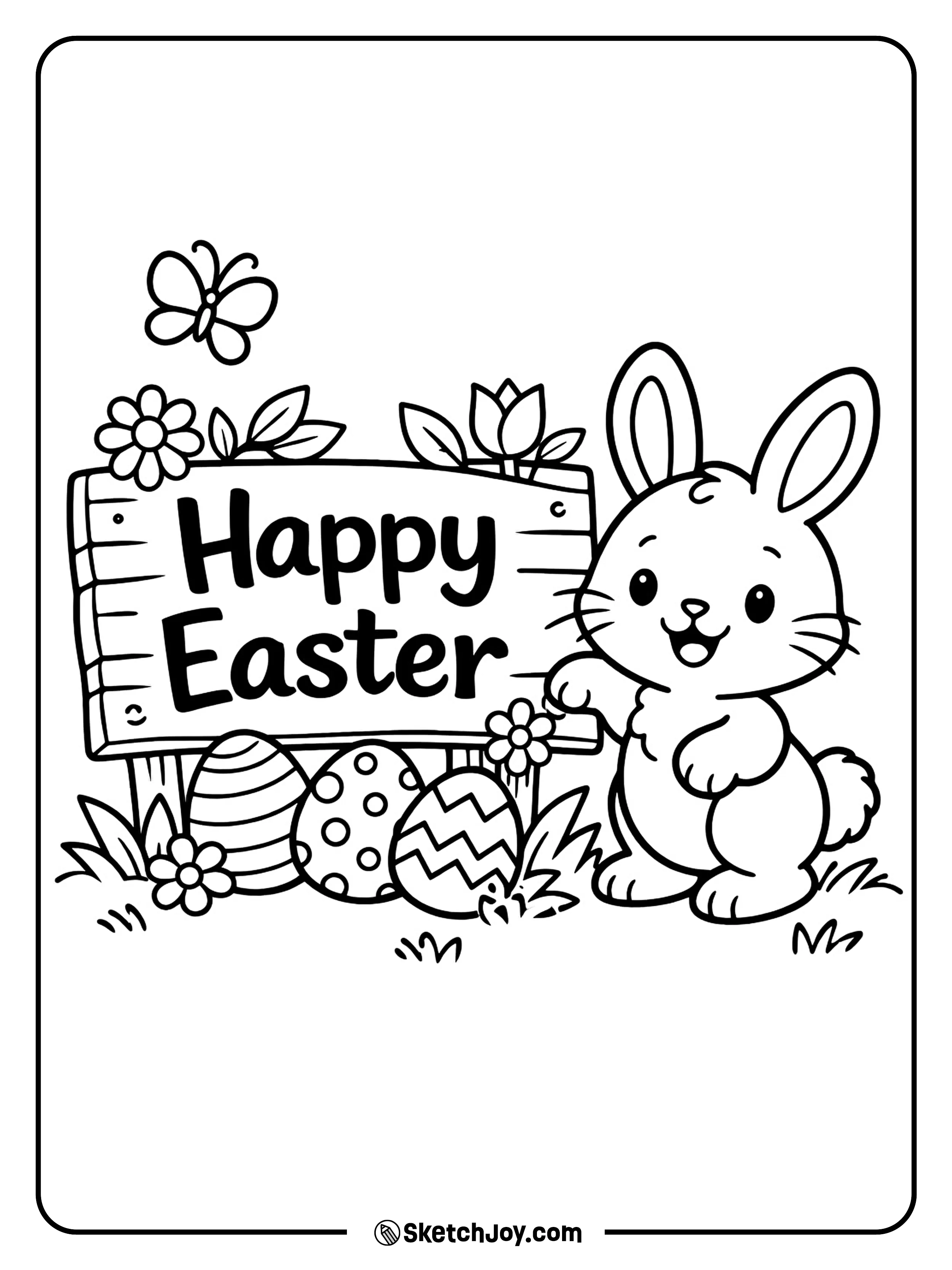 A bunny points at a big sign that says Happy Easter.