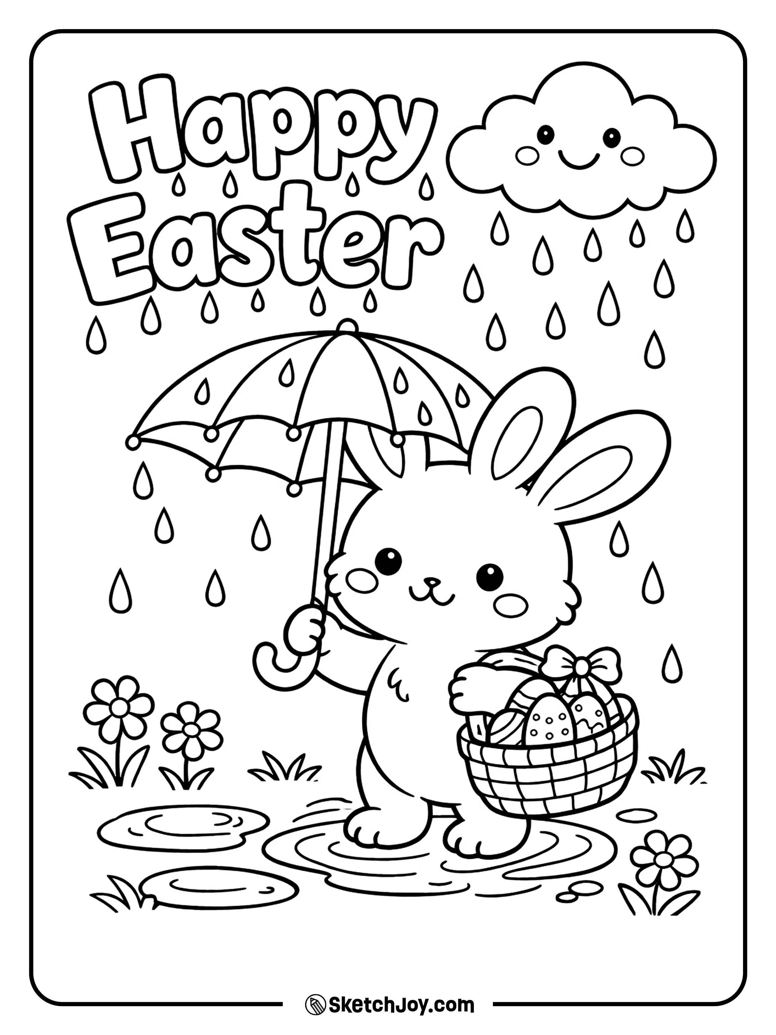 A bunny holds an umbrella during a light spring rain.