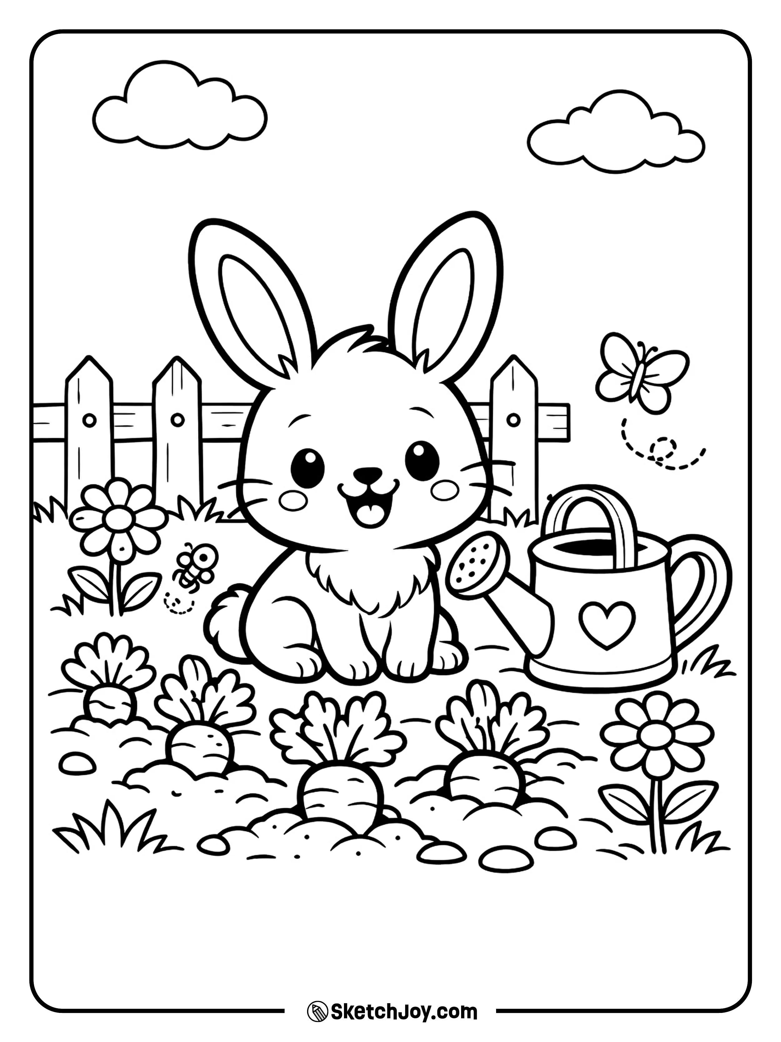 A bunny sits in a garden with carrots and flowers.