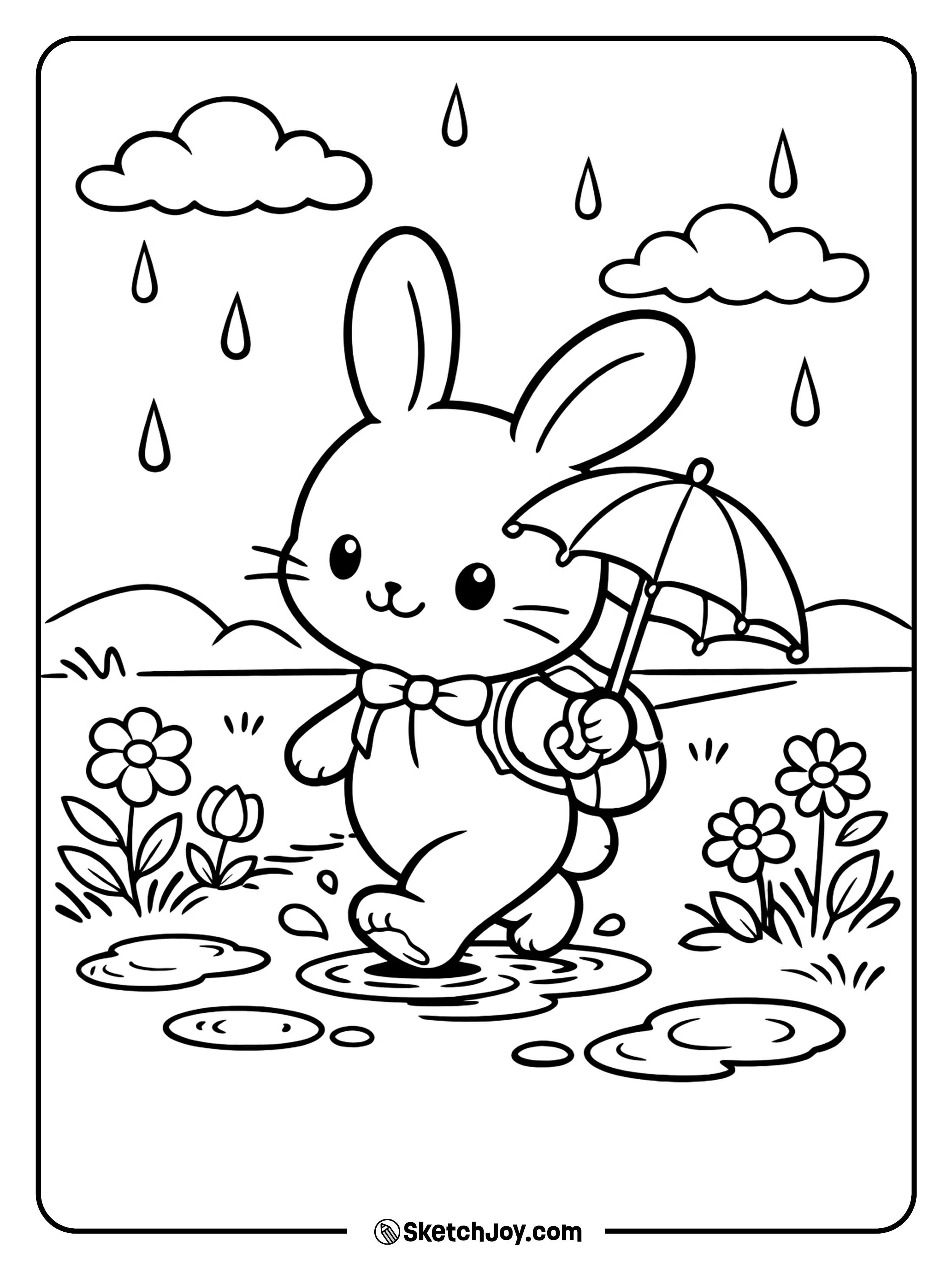 A bunny walks with an umbrella through spring rain.