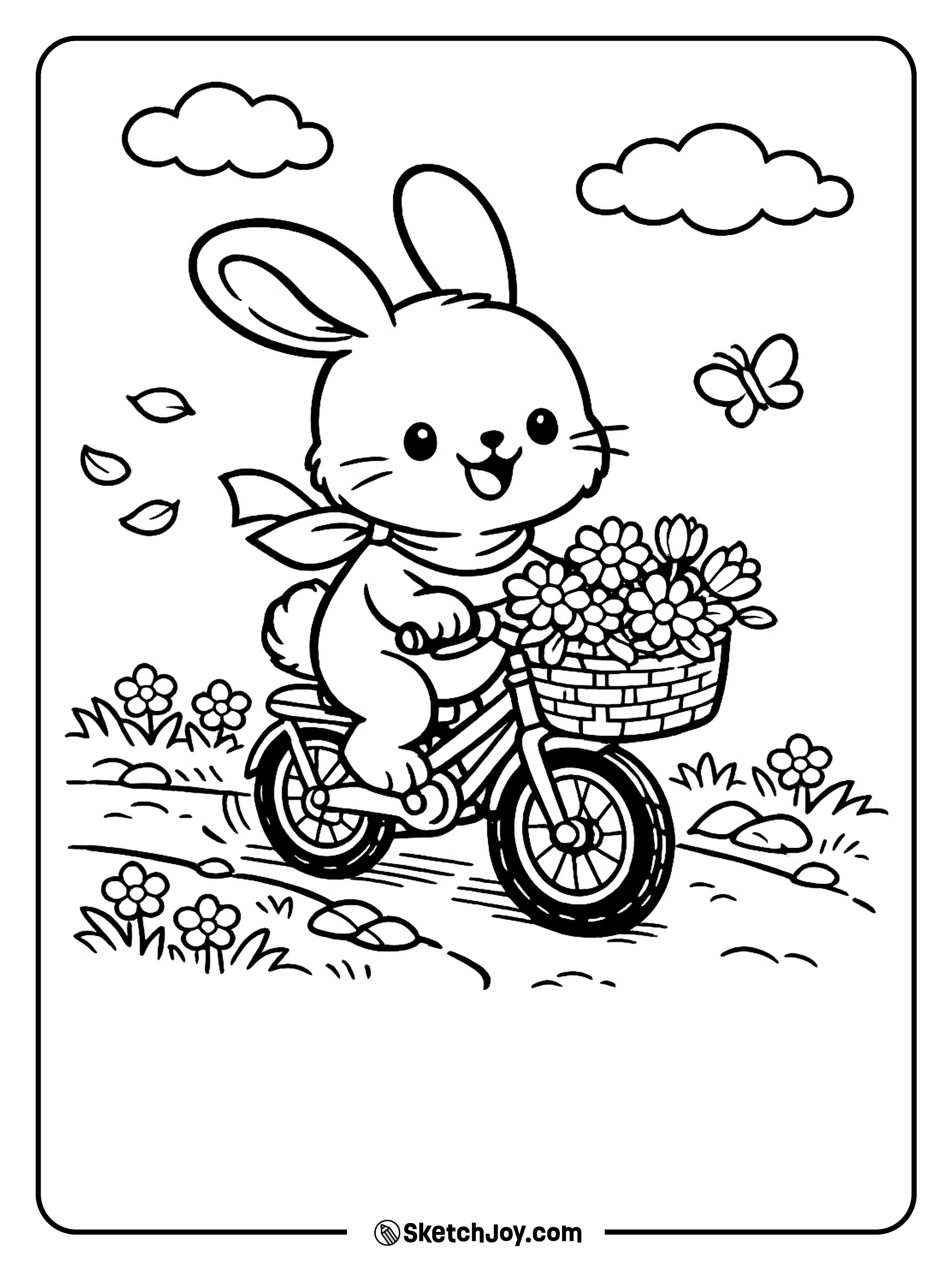 A bunny rides a bike with flowers in the basket.