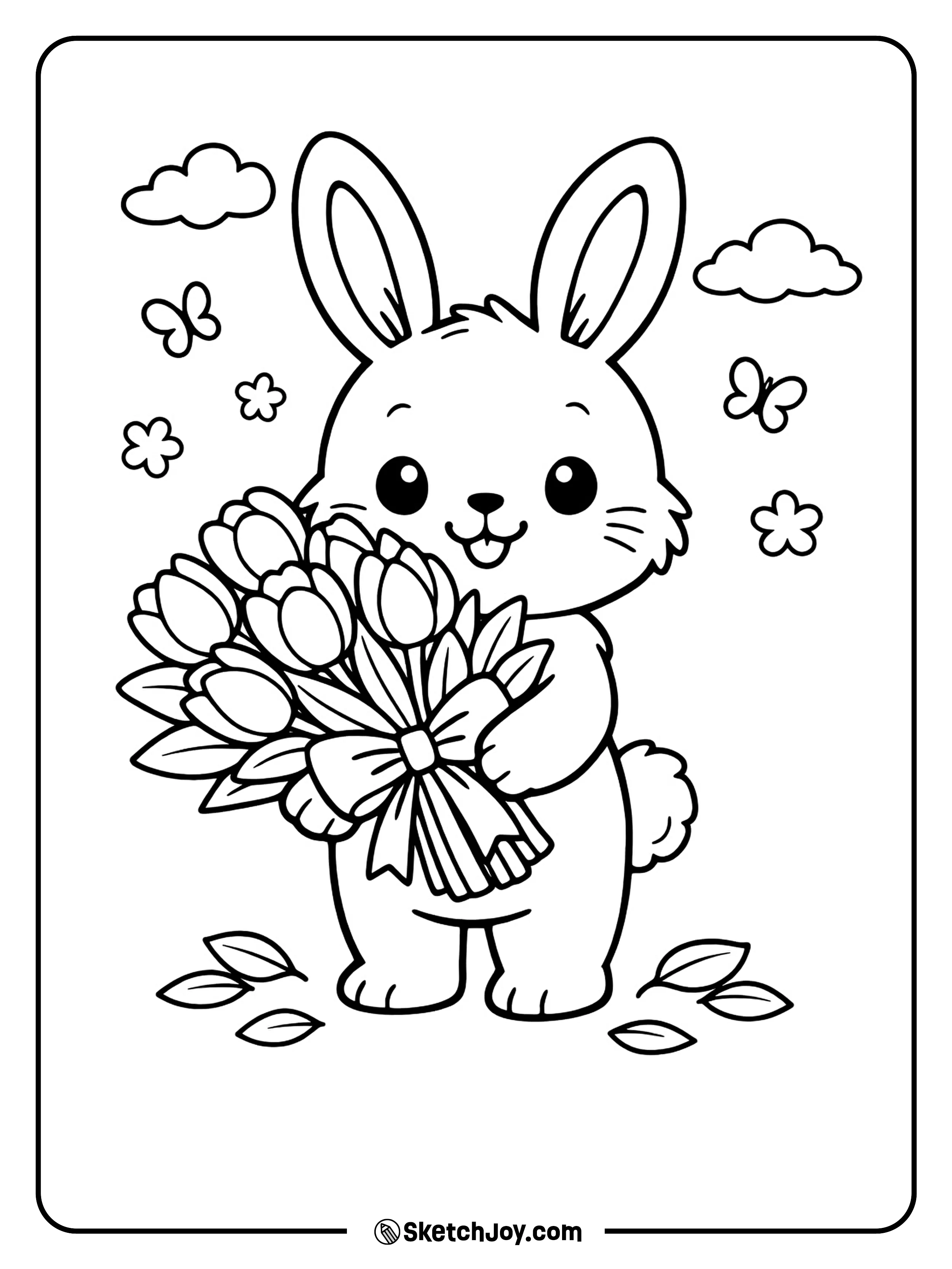 A cute bunny hugs a bunch of fresh tulips.
