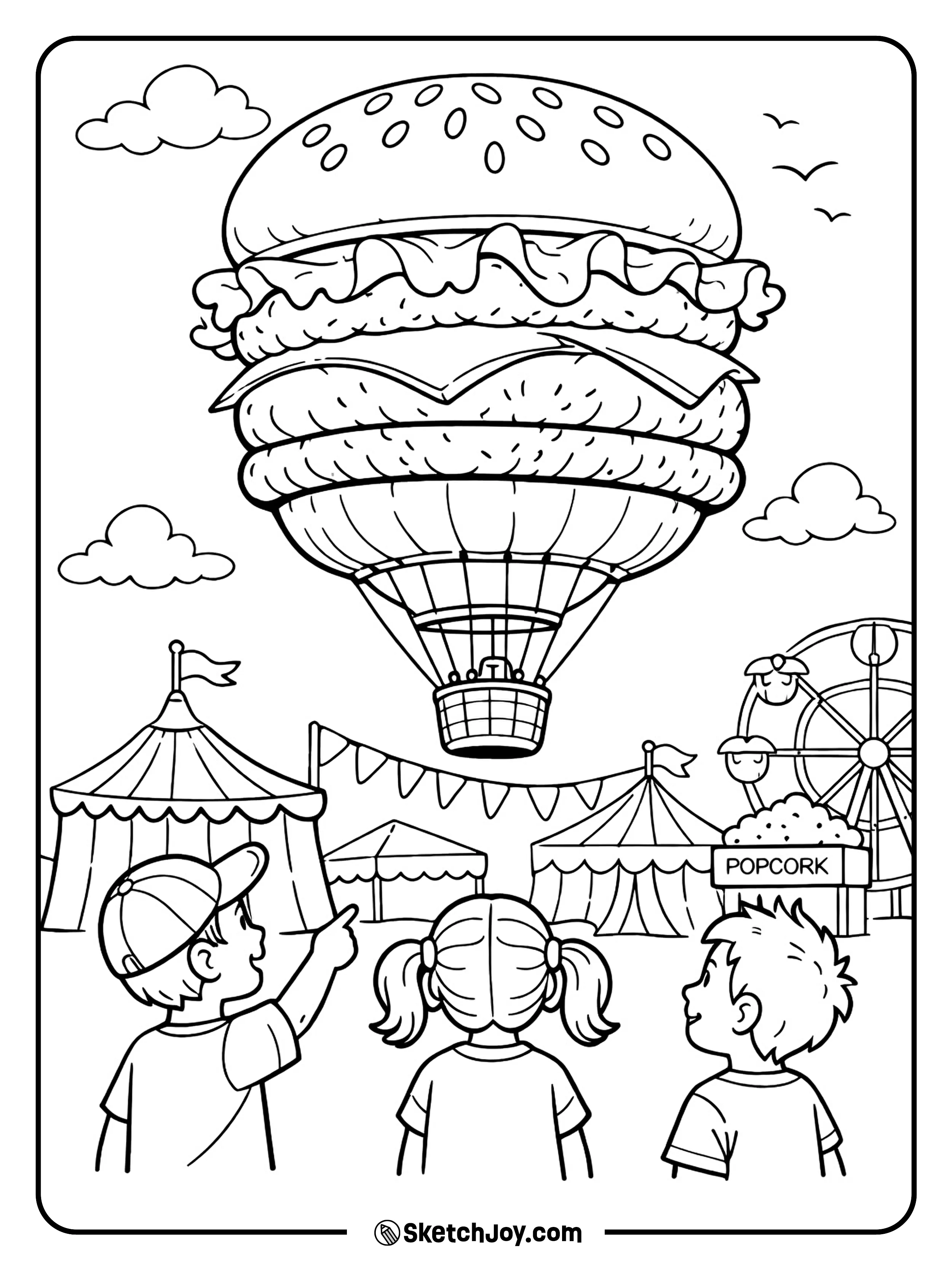 A giant burger shaped balloon floats in a fun festival scene.