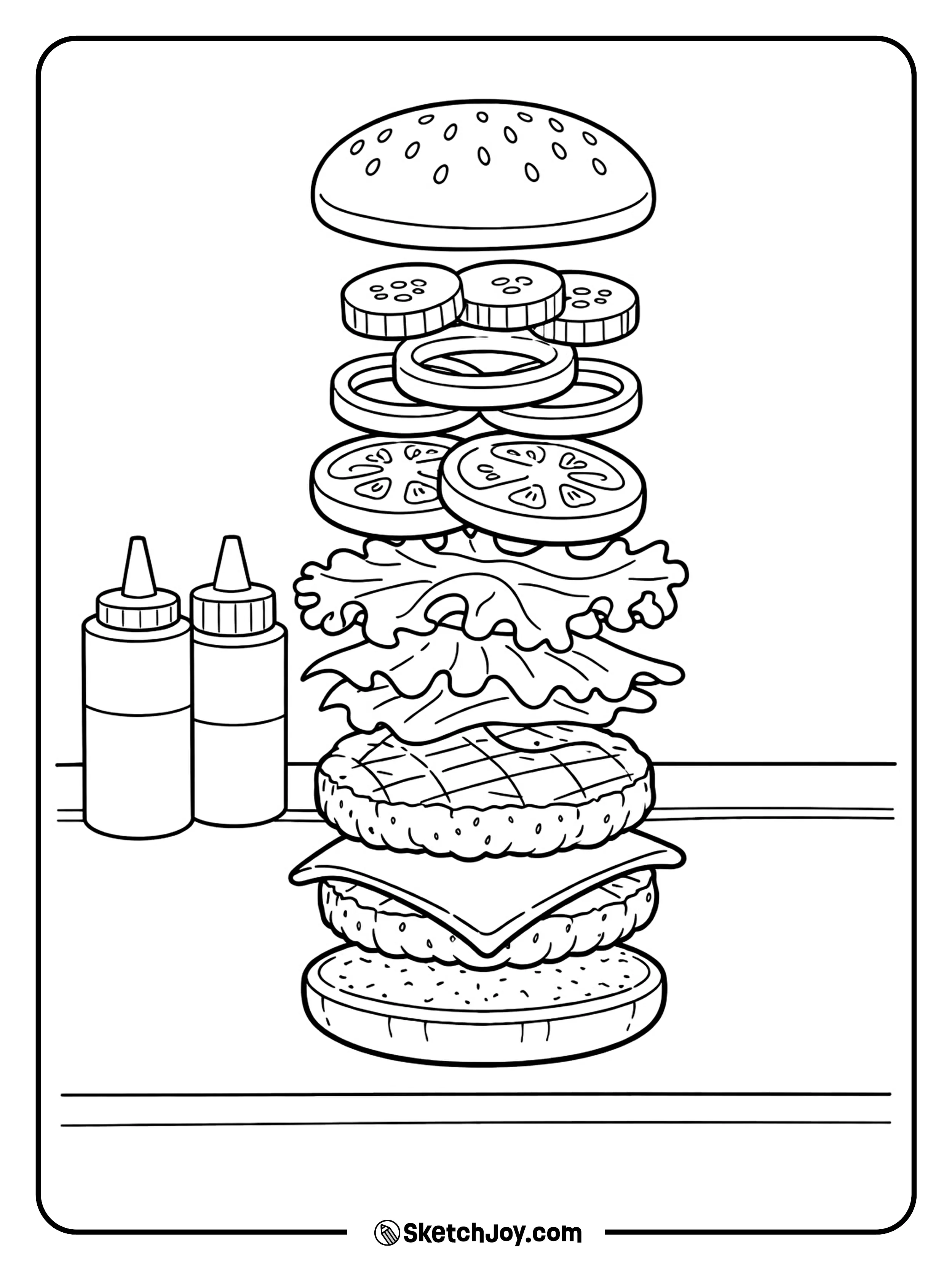 A burger is being built layer by layer with fresh toppings on a counter.