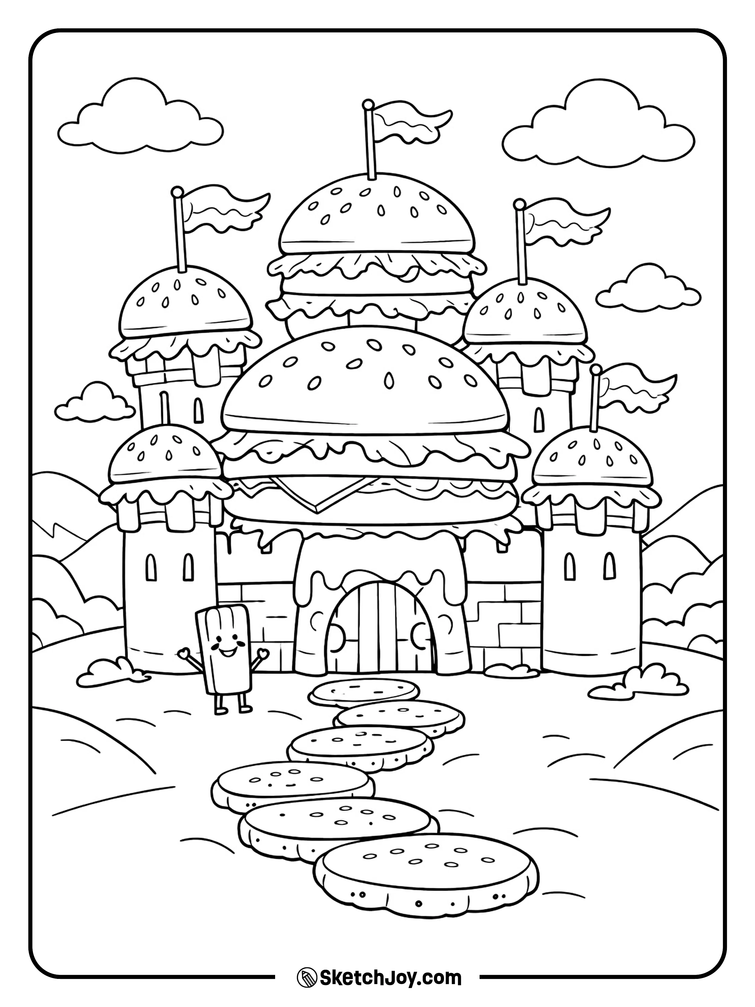 A giant burger stands like a castle in a playful food fantasy world.