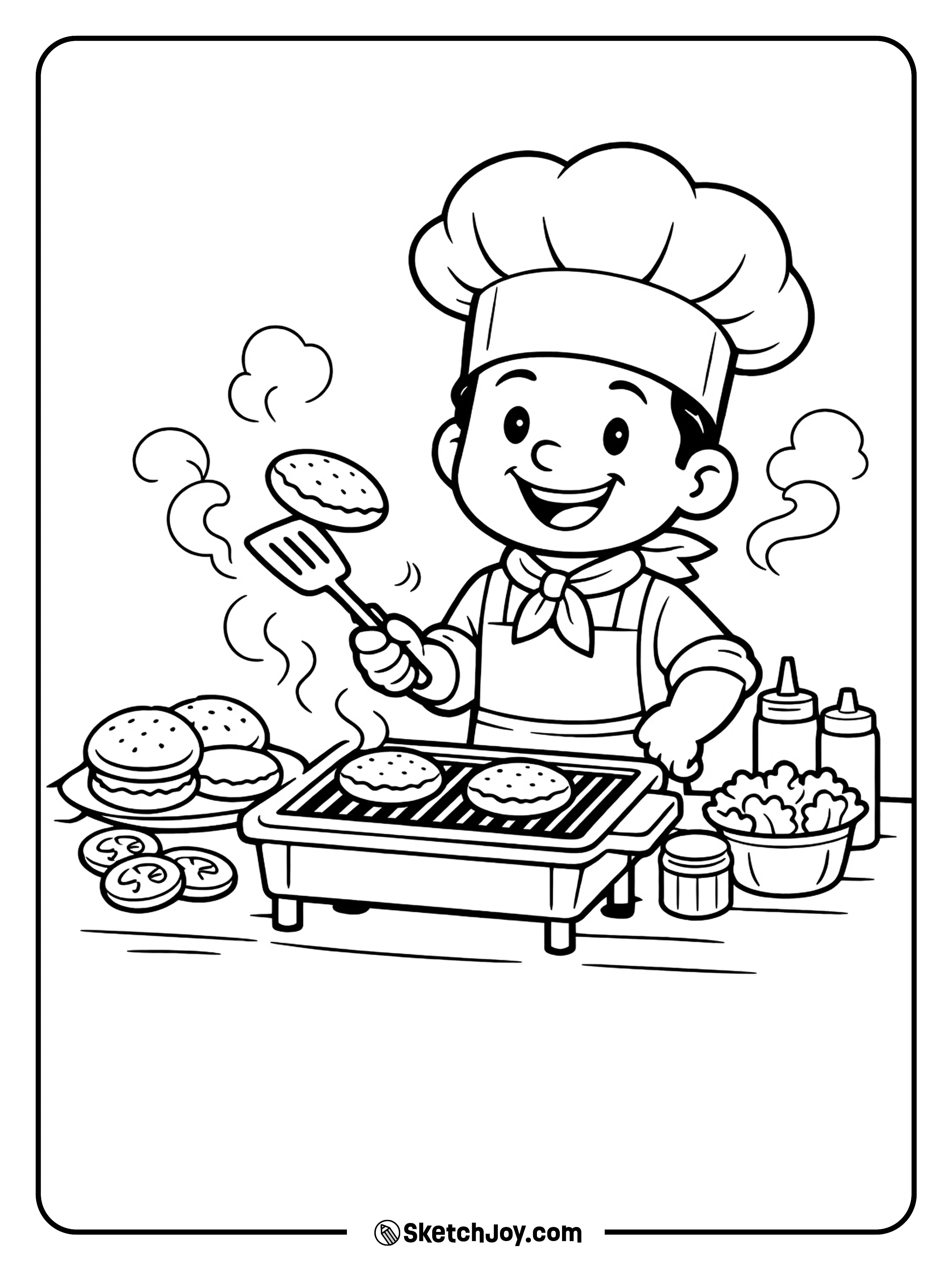 A smiling burger chef flips patties at a small grill in a fun kitchen scene.