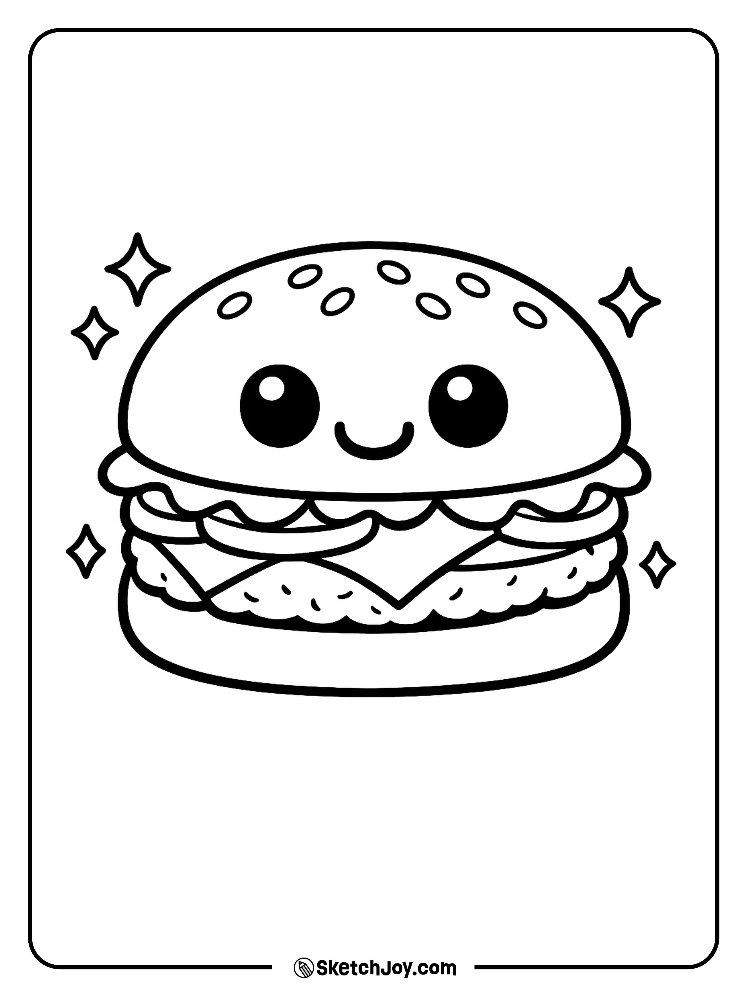 A burger made in a bold emoji style with a fun happy expression.