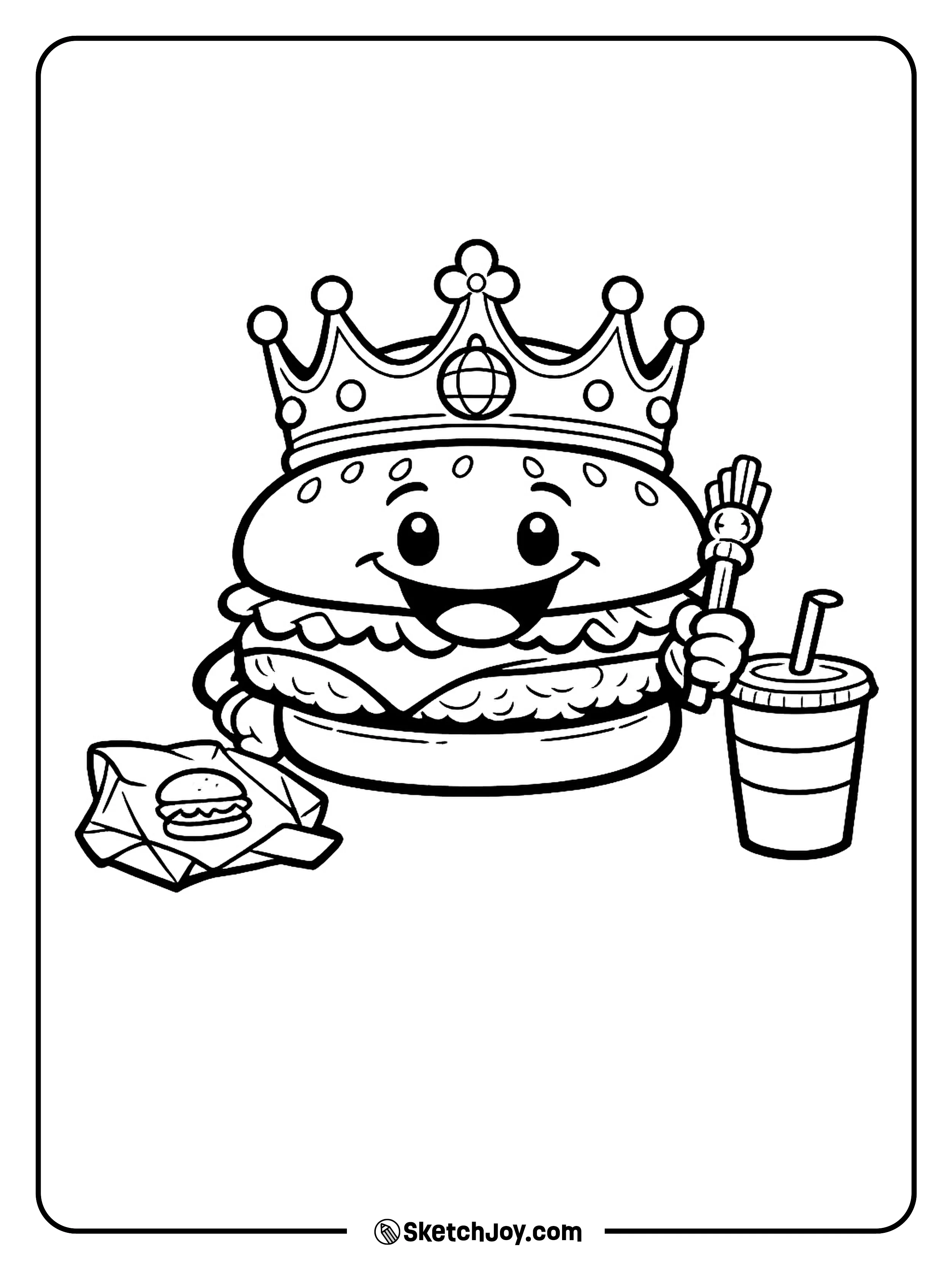 A royal burger wears a crown and stands in a playful fast food scene.