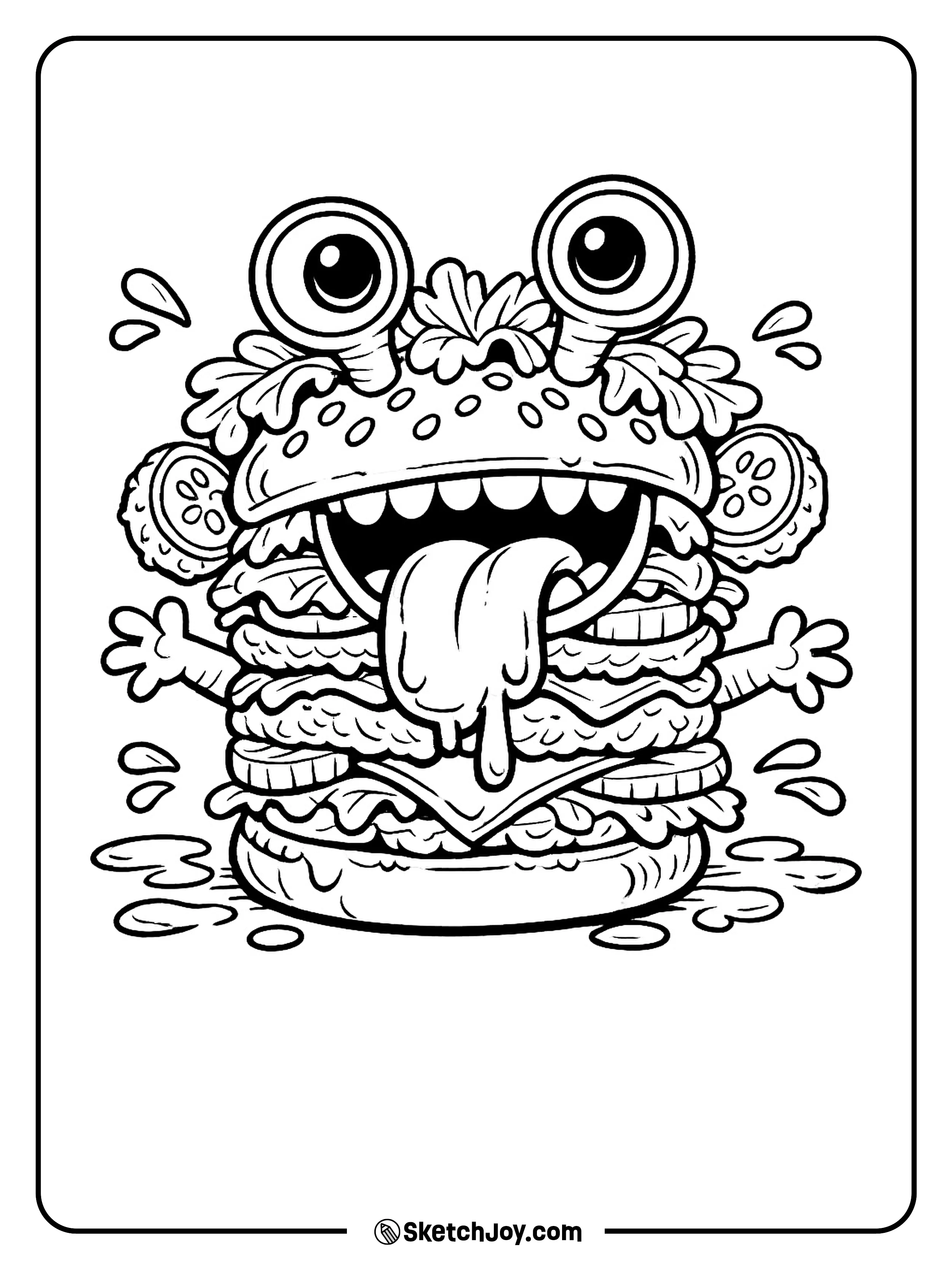 A wild burger monster with extra layers makes a silly food scene.
