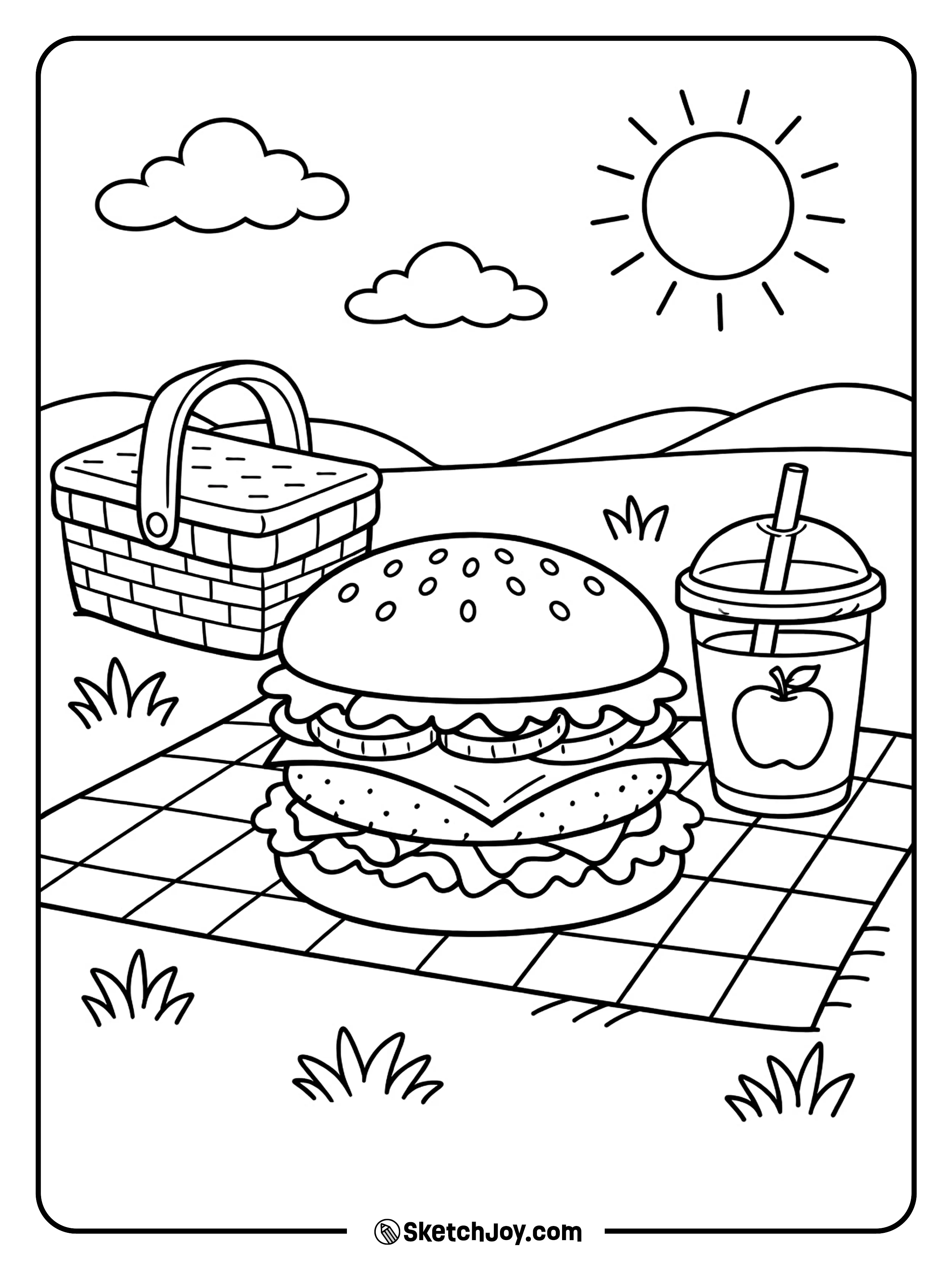 A tasty burger sits on a picnic blanket with simple outdoor details.