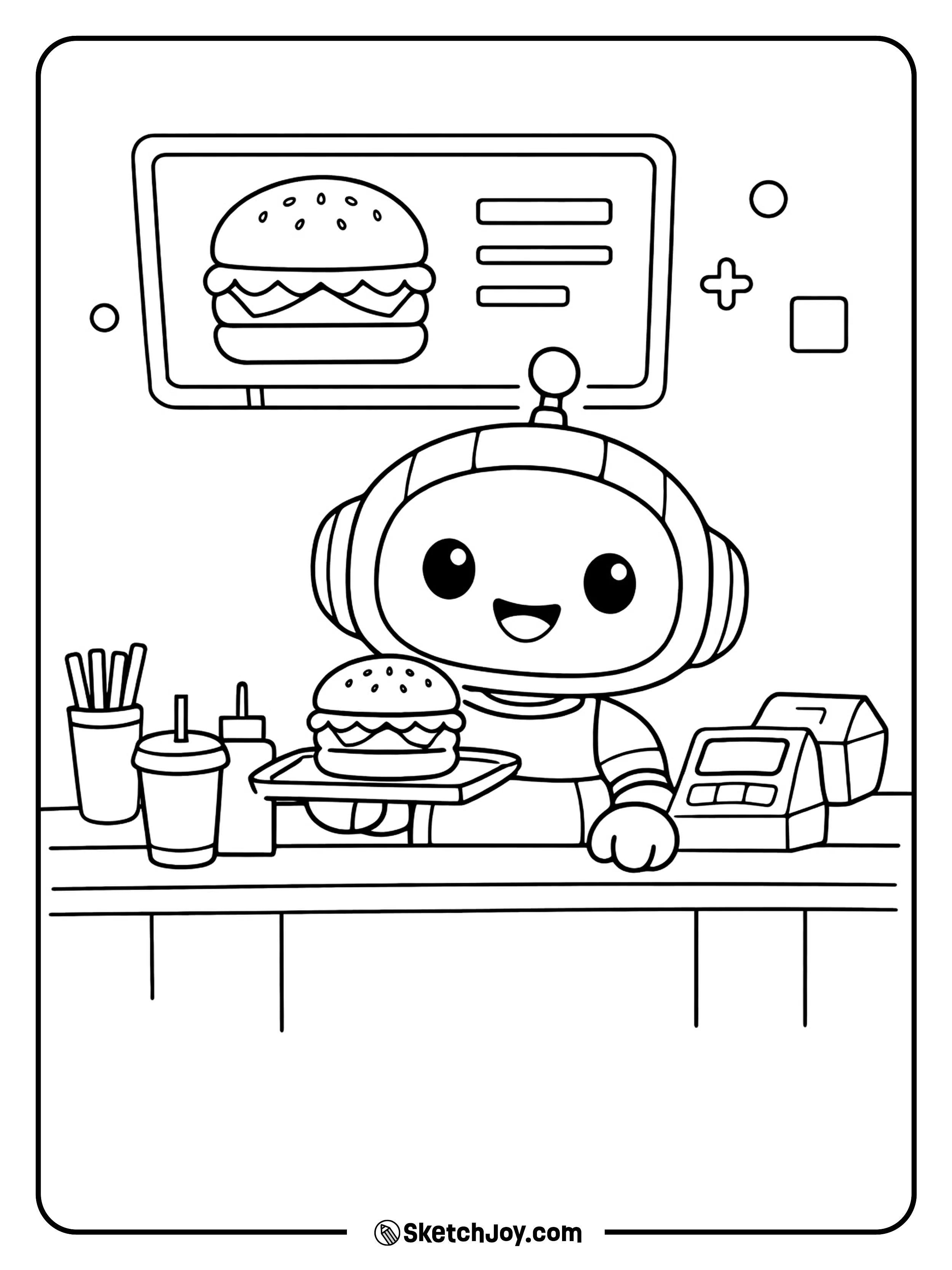 A burger robot serves a fresh burger in a playful future snack shop.