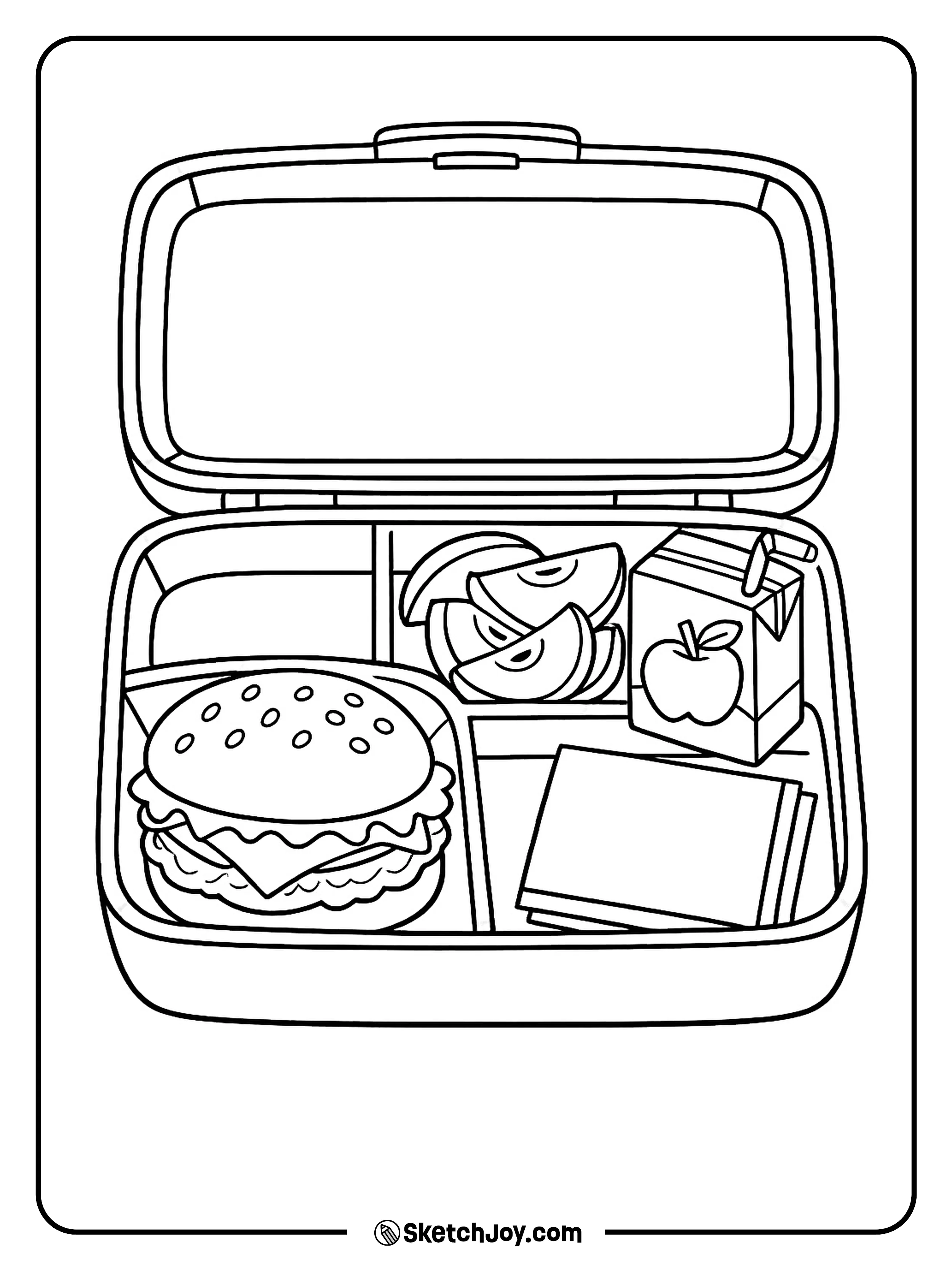 A burger packed inside a lunch box with simple picnic food around it.