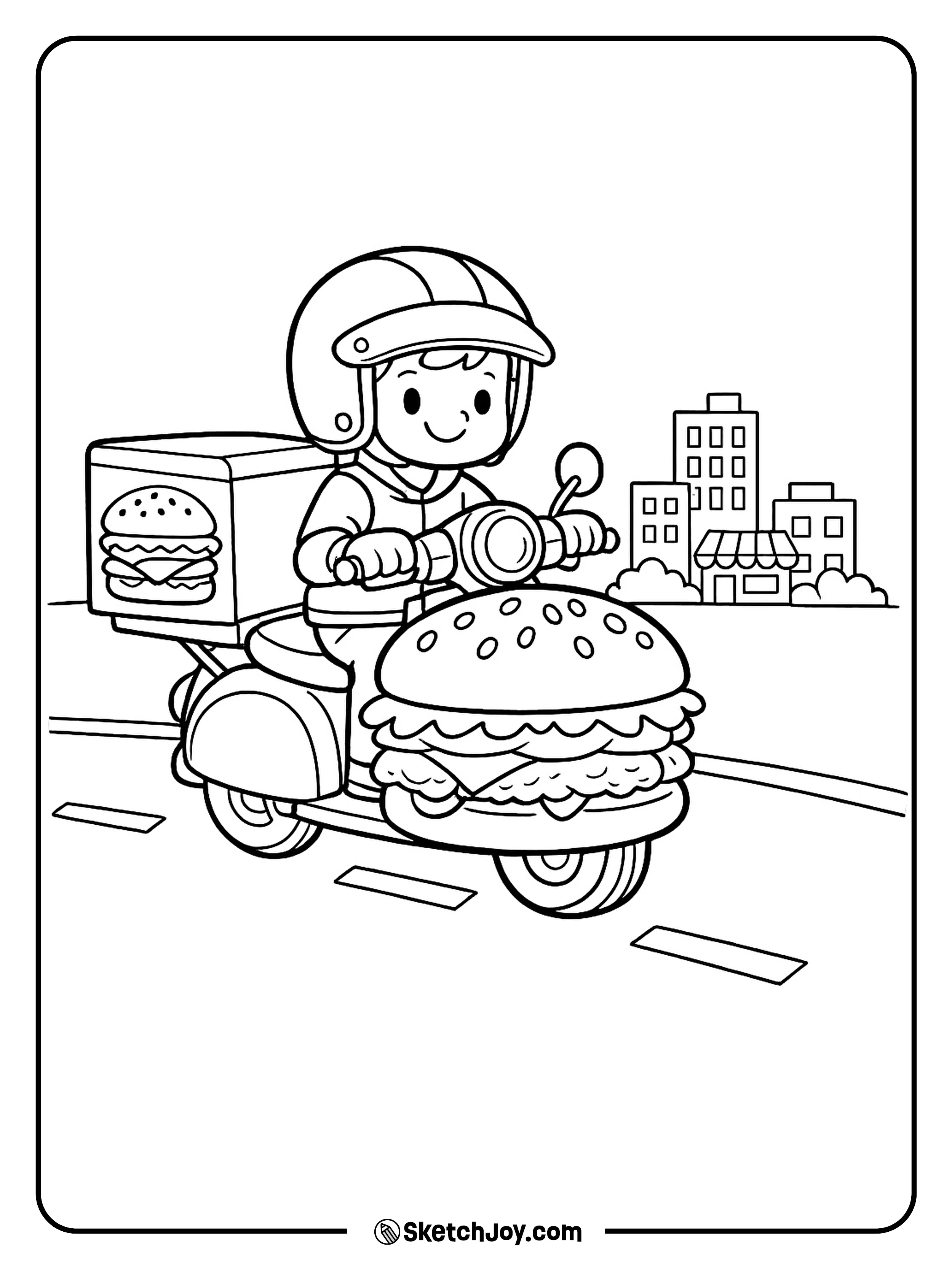 A burger delivery scene with a scooter and simple city details.