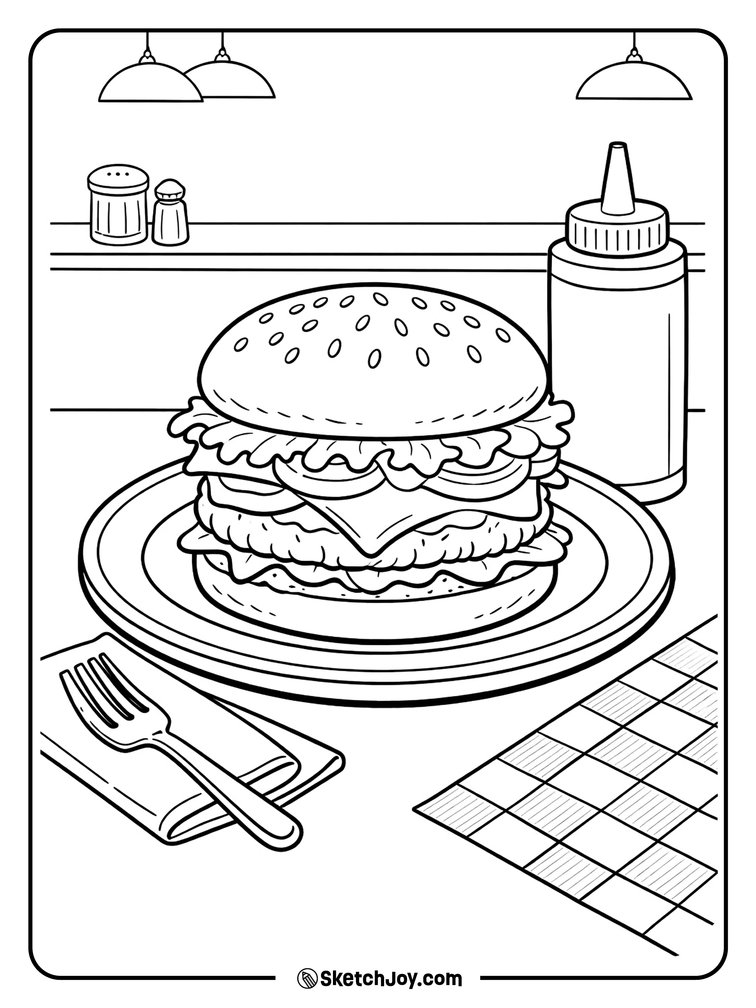 A burger served on a plate with a simple diner table setup.