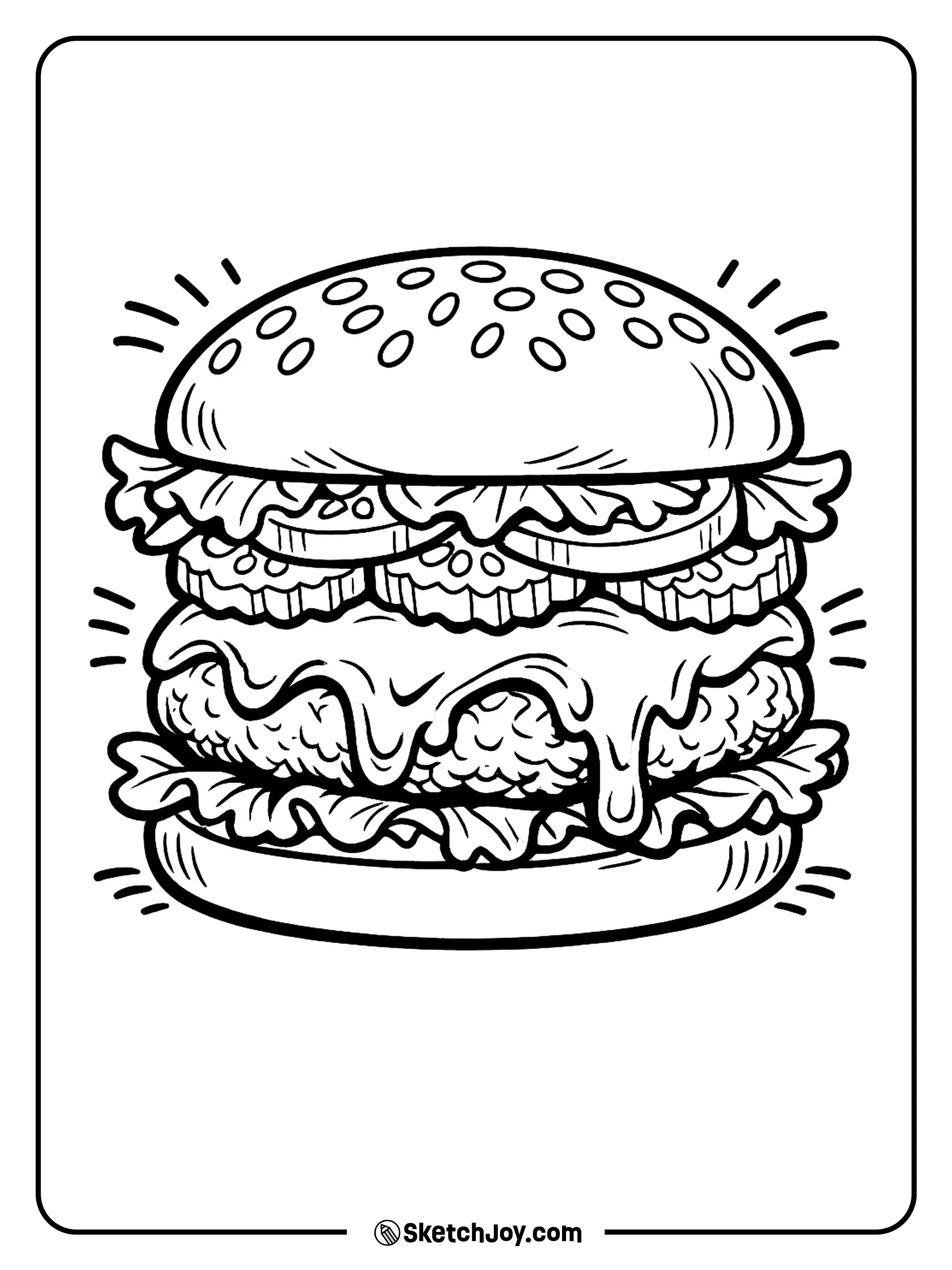 A bold burger close-up with gooey cheese and tasty stacked layers.