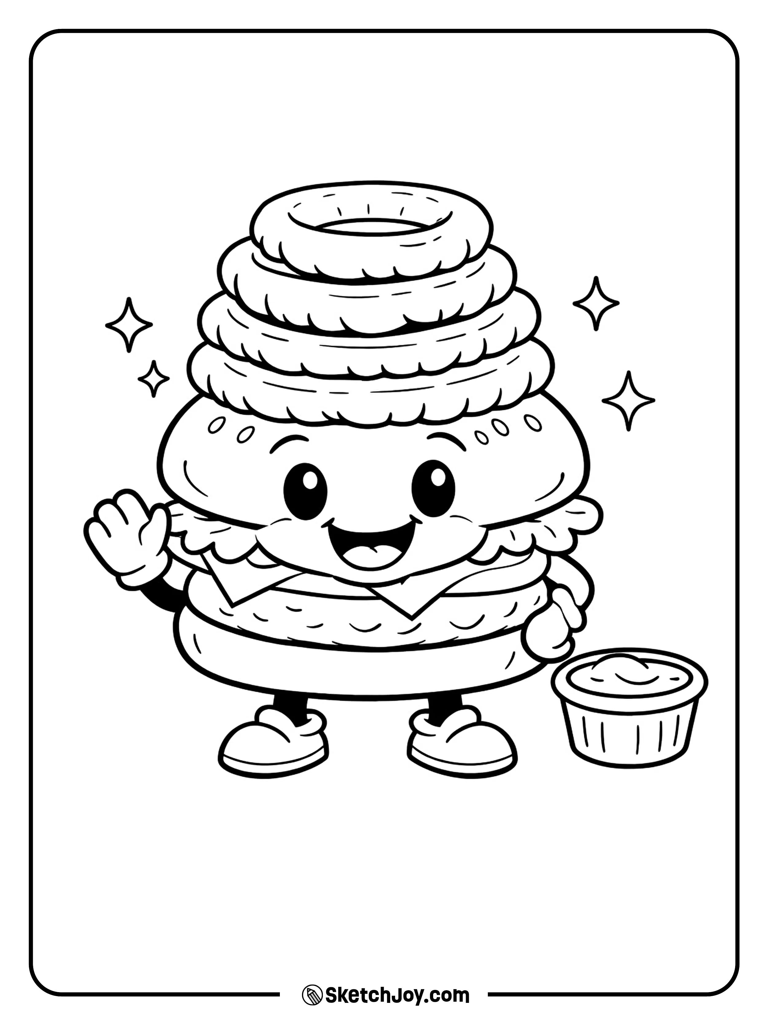 A silly burger wears onion rings like a hat in a funny cartoon style.