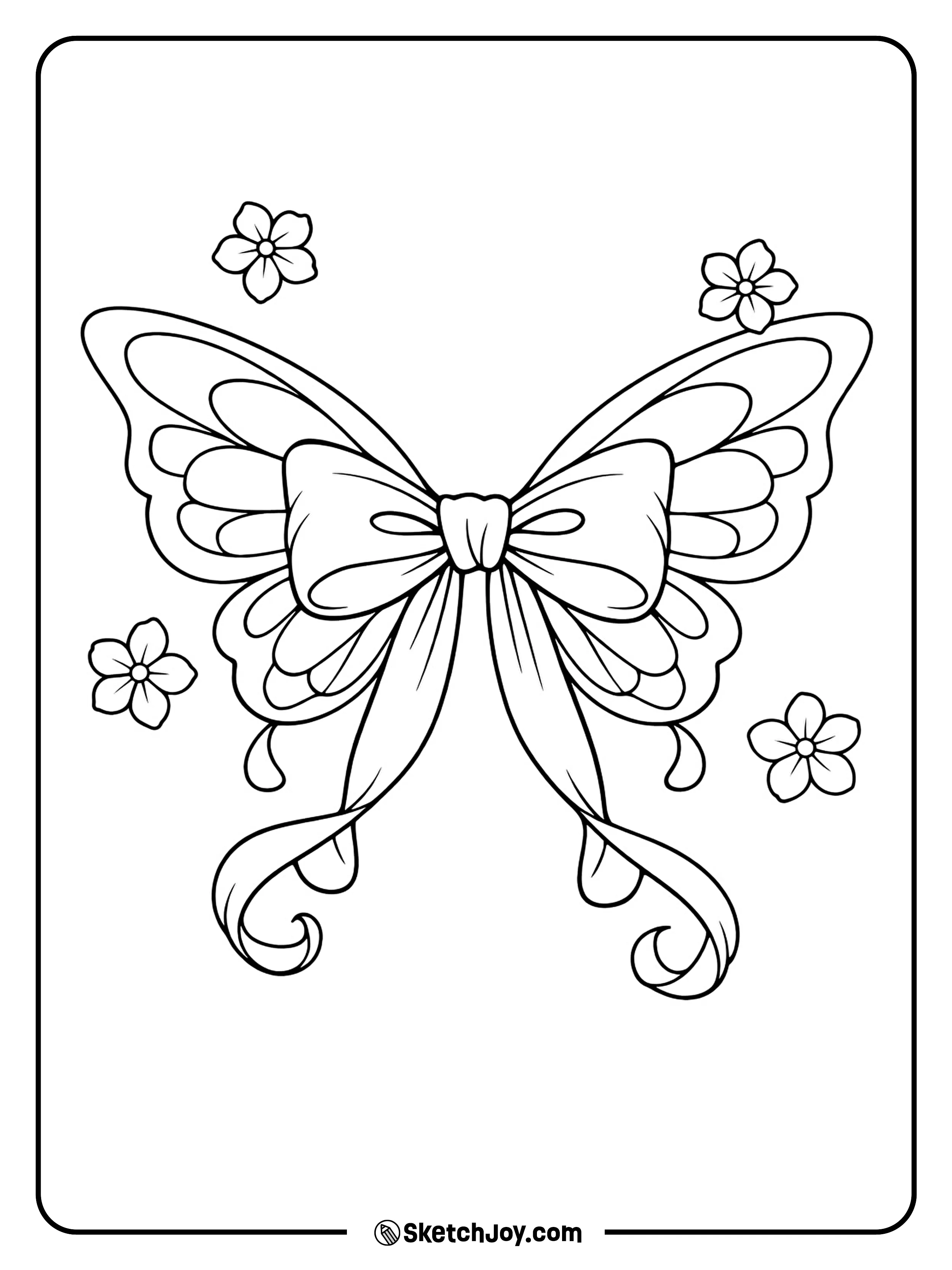 A bow shaped like a butterfly with pretty wings and ribbon tails.