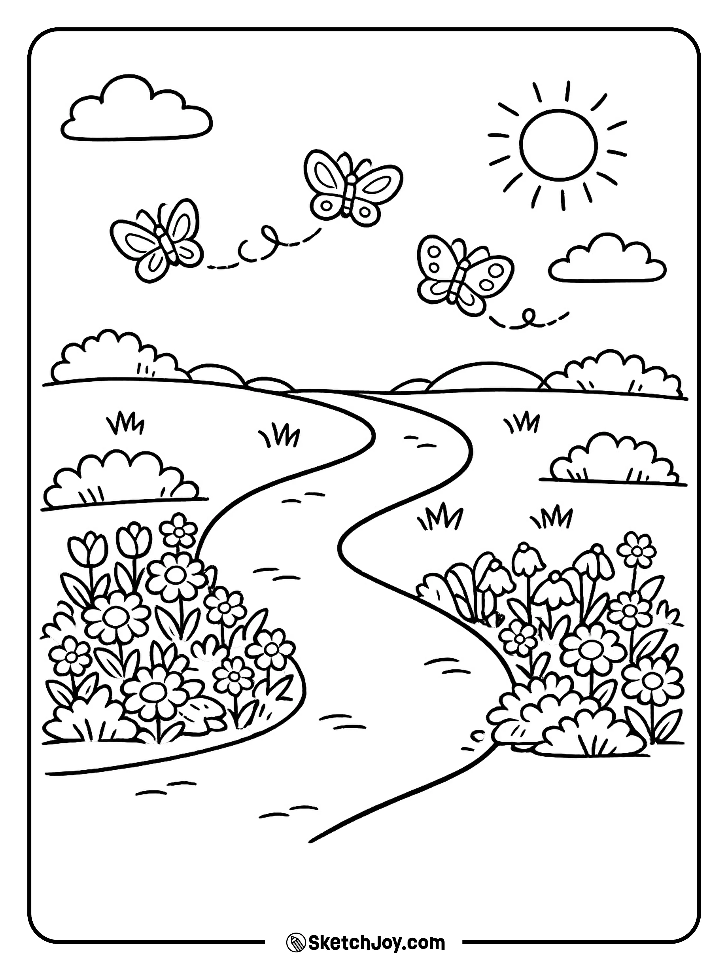 Butterflies flutter over flowers along a simple garden path.