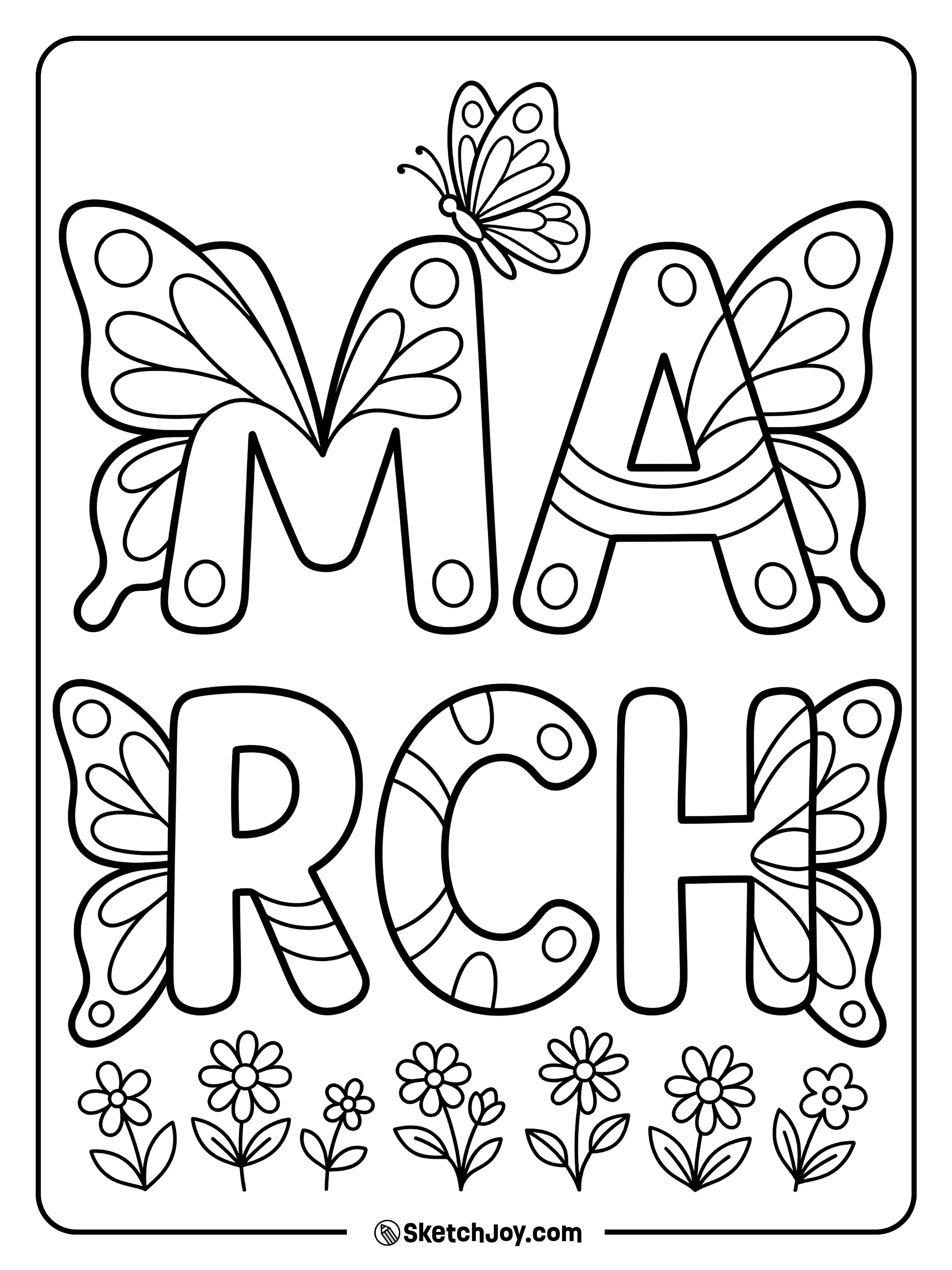 MARCH letters look like butterfly wings, with one butterfly landing on the text.