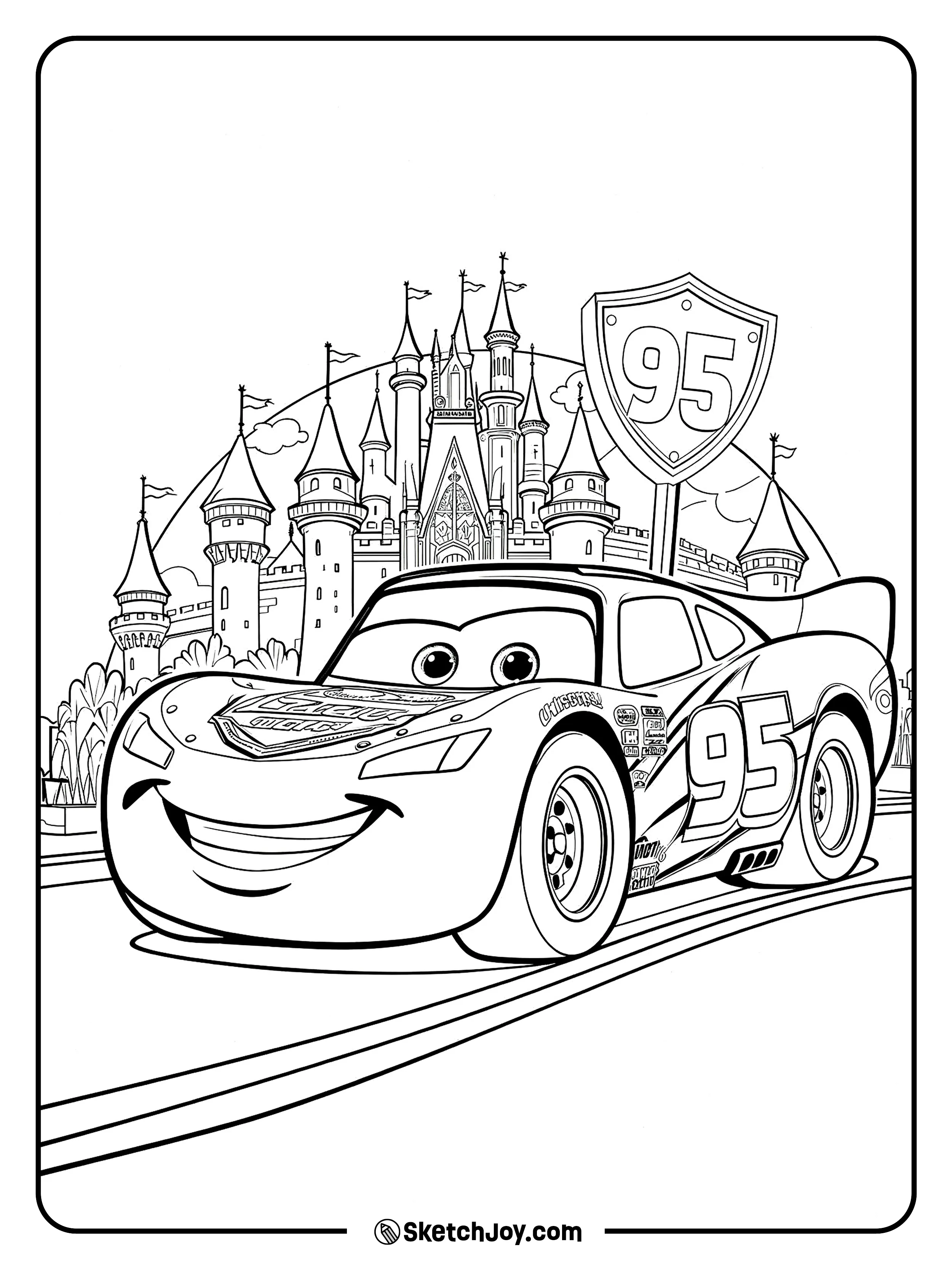 Lightning McQueen drives past a big castle with a 95 sign in a magical road scene.