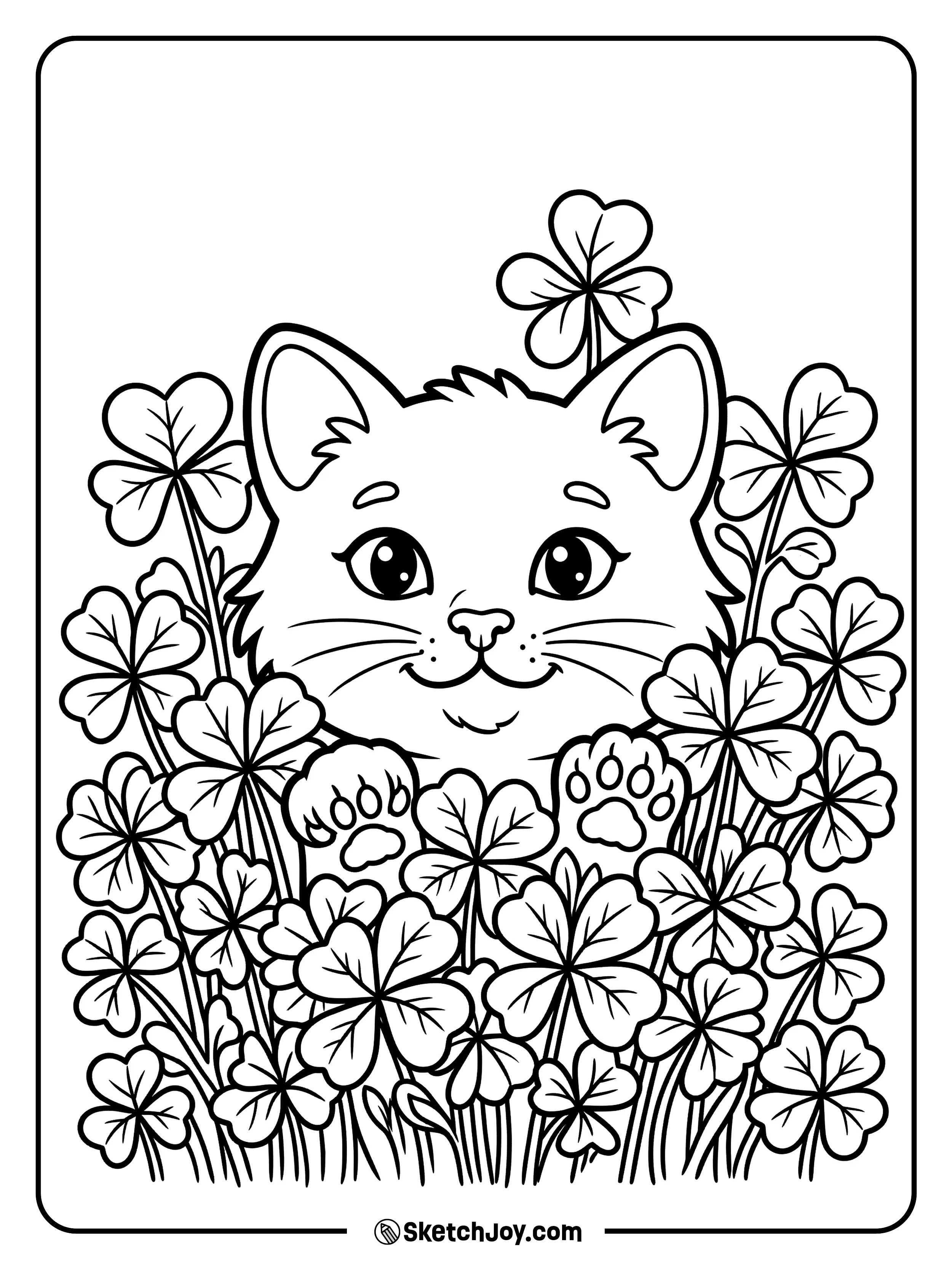 A fluffy cat peeking out from behind some tall shamrock plants.