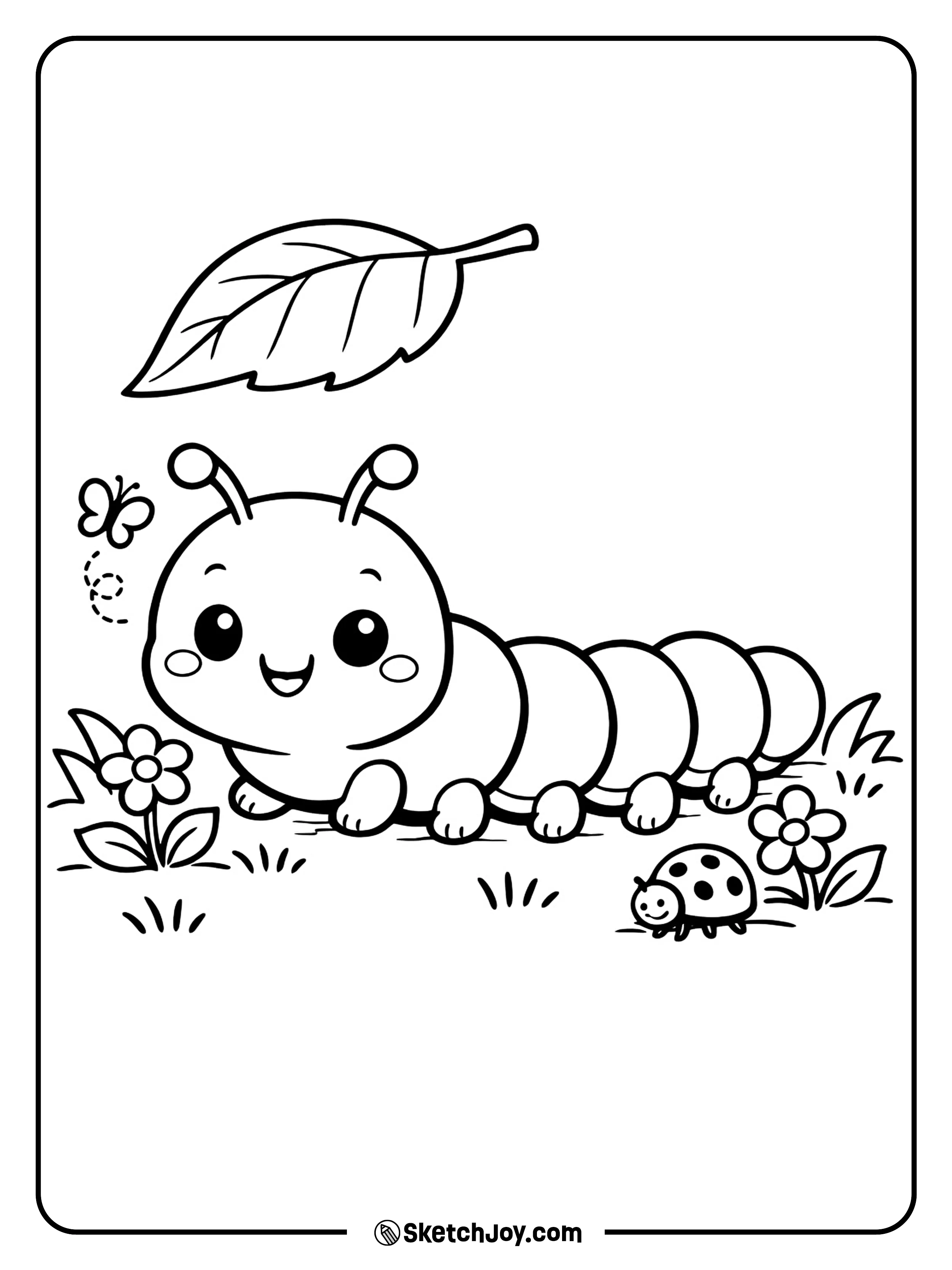 A smiling caterpillar crawls through grass and flowers.
