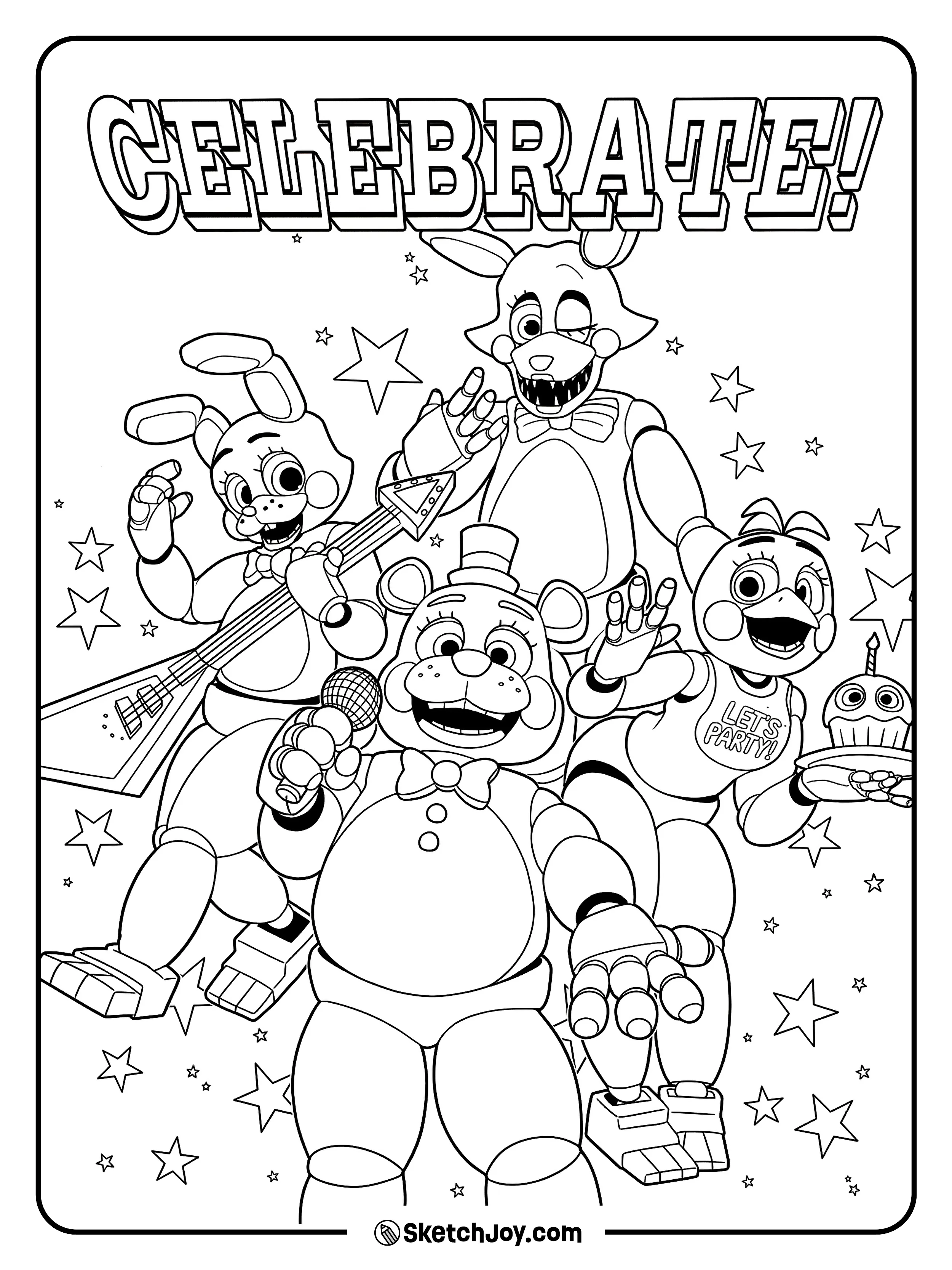 Toy Freddy, Toy Bonnie, Toy Chica, and Mangle stand together under a big celebration title.