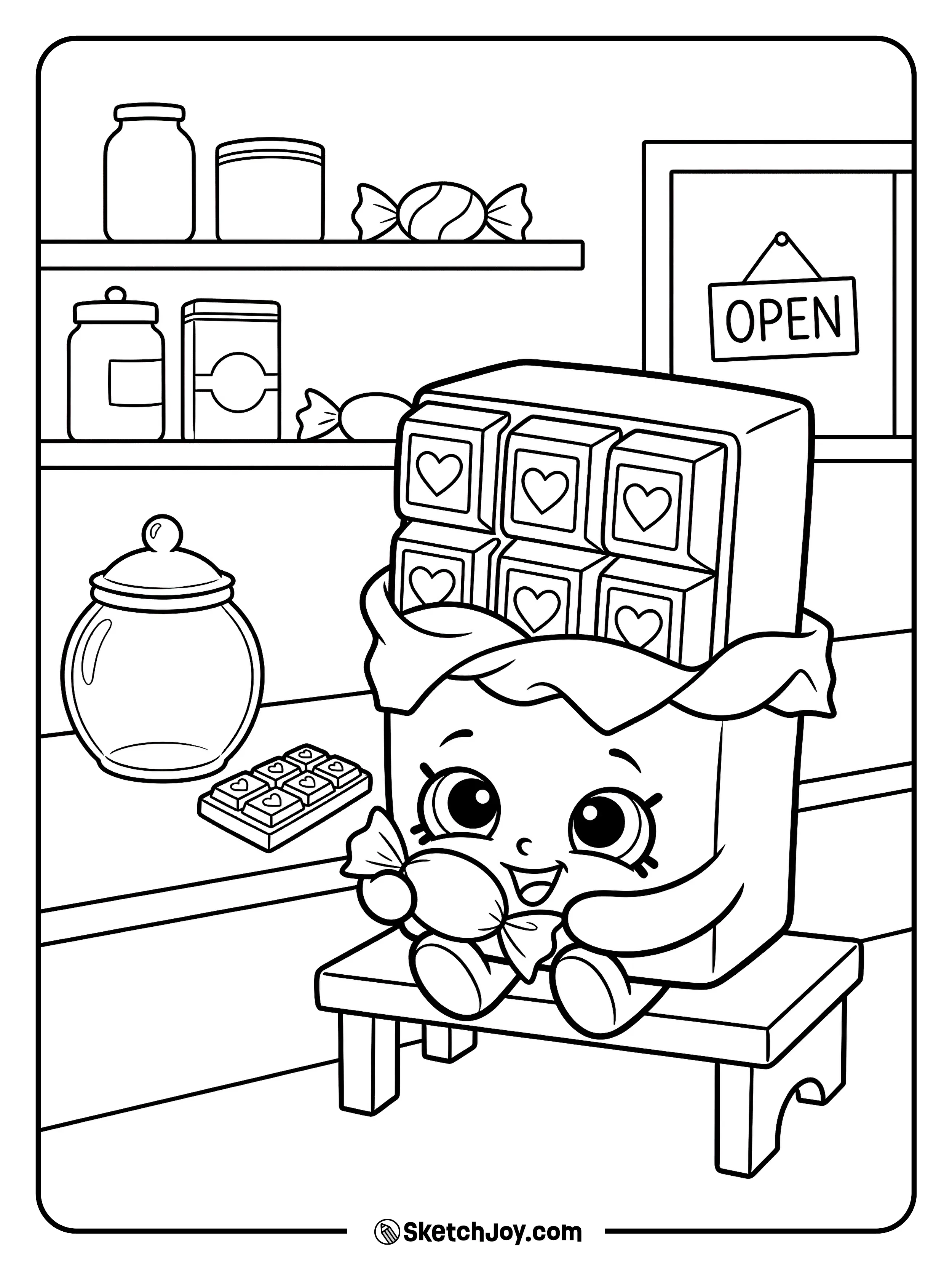 Cheeky Chocolate stands in a sweet shop with candy jars and treats nearby.