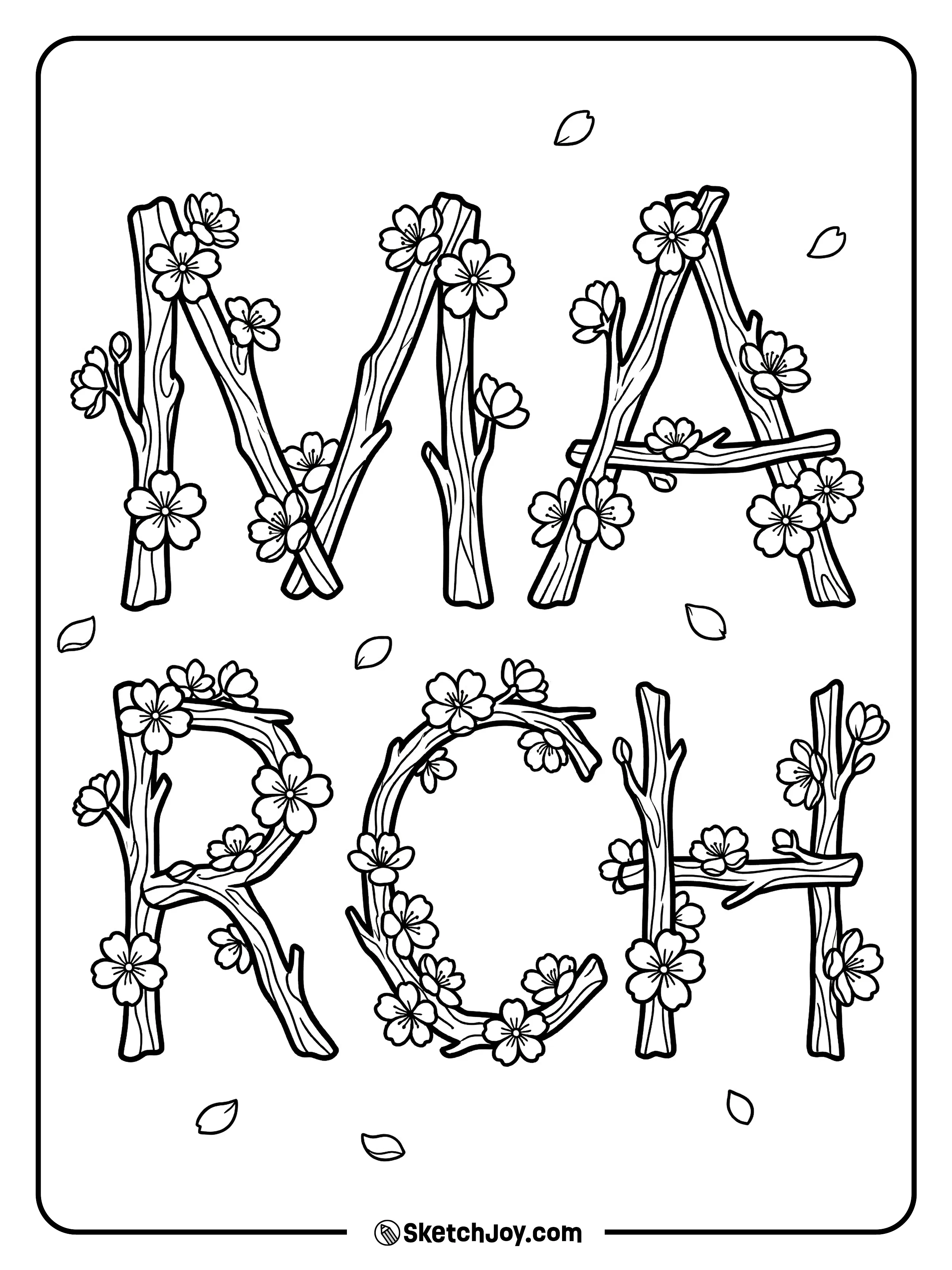 MARCH is made from branches and blossoms, with petals floating softly around.