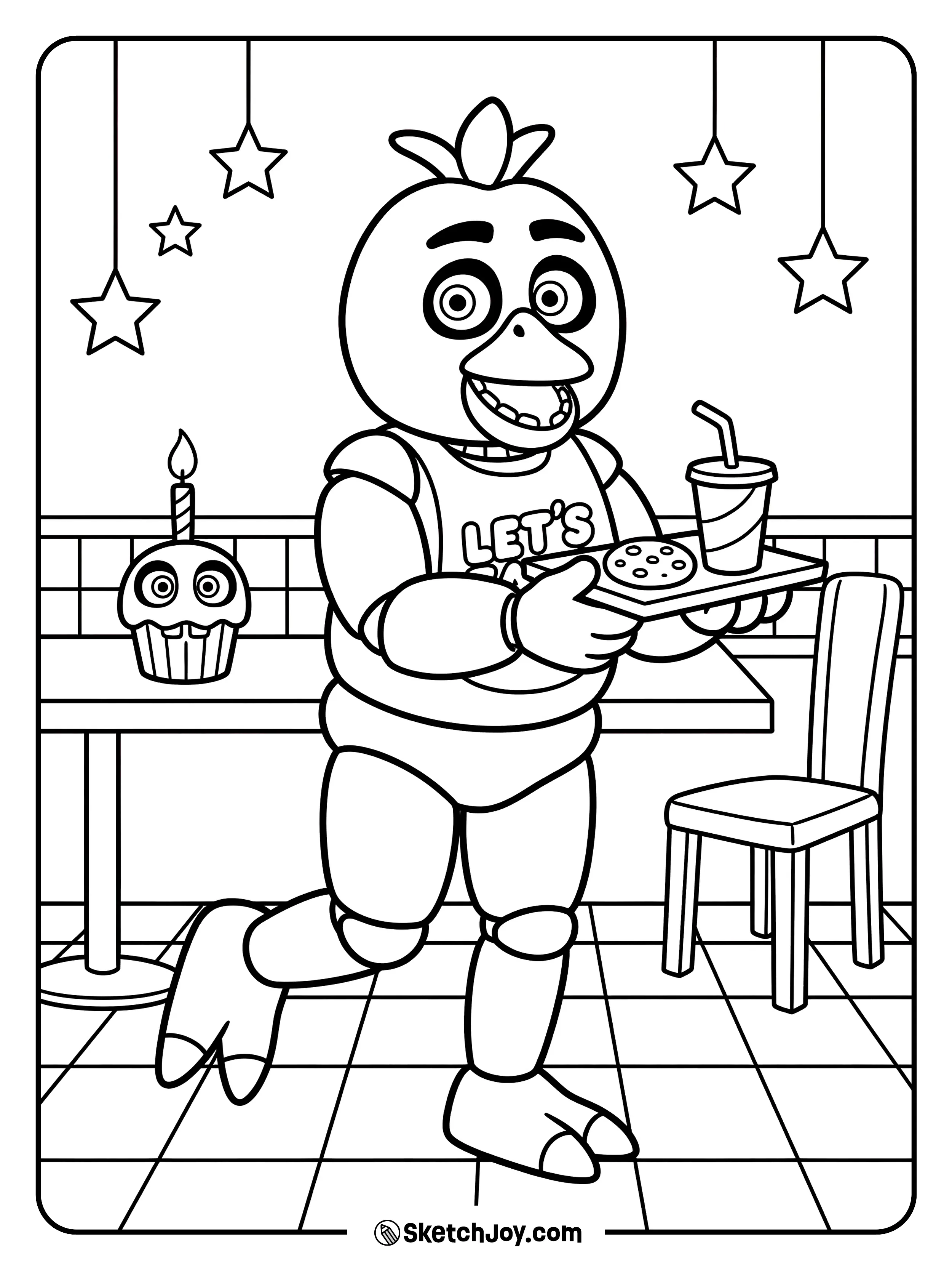 Chica carries a snack tray across the pizza place floor.