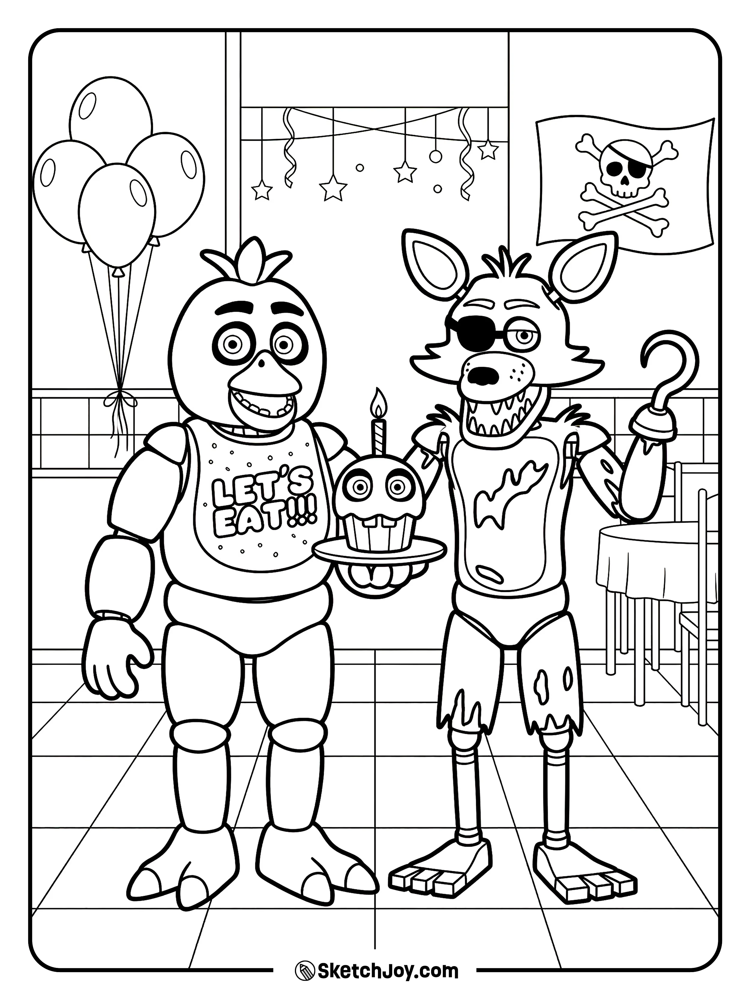 Chica and Foxy stand in a fun hall with simple party decor.