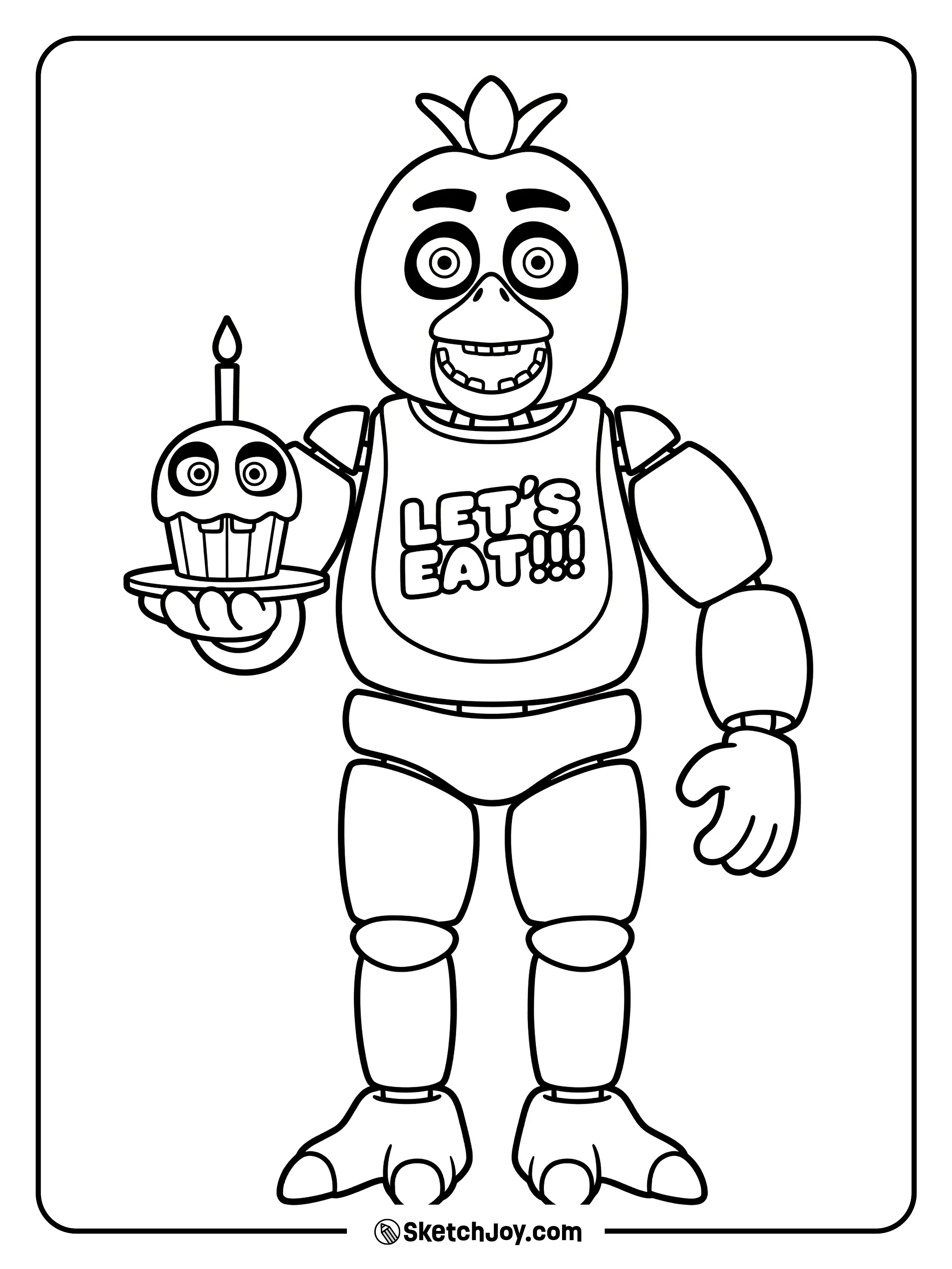 Chica stands with her cupcake and her famous bib.