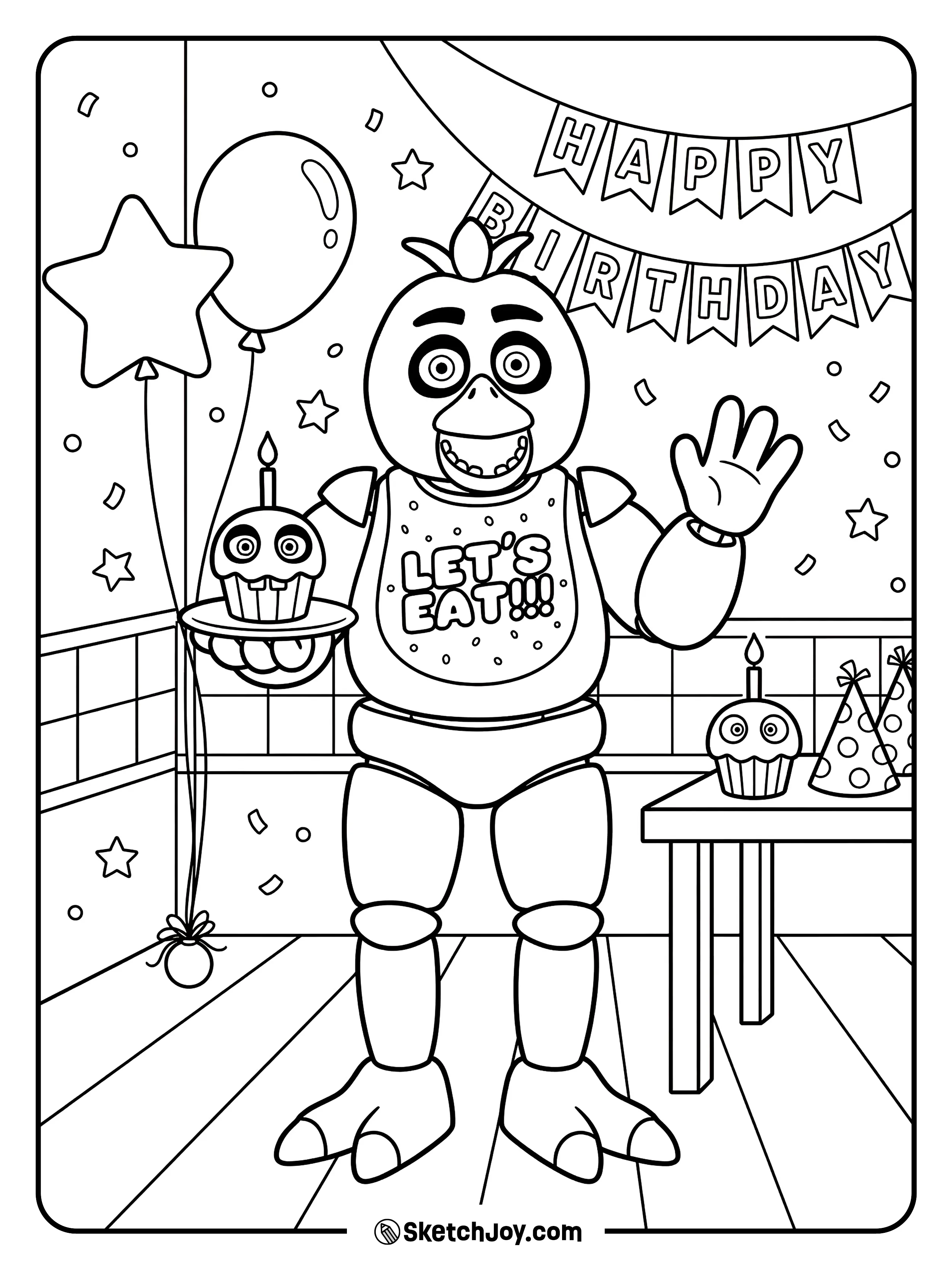 Chica stands in the party room with balloons and a birthday sign.