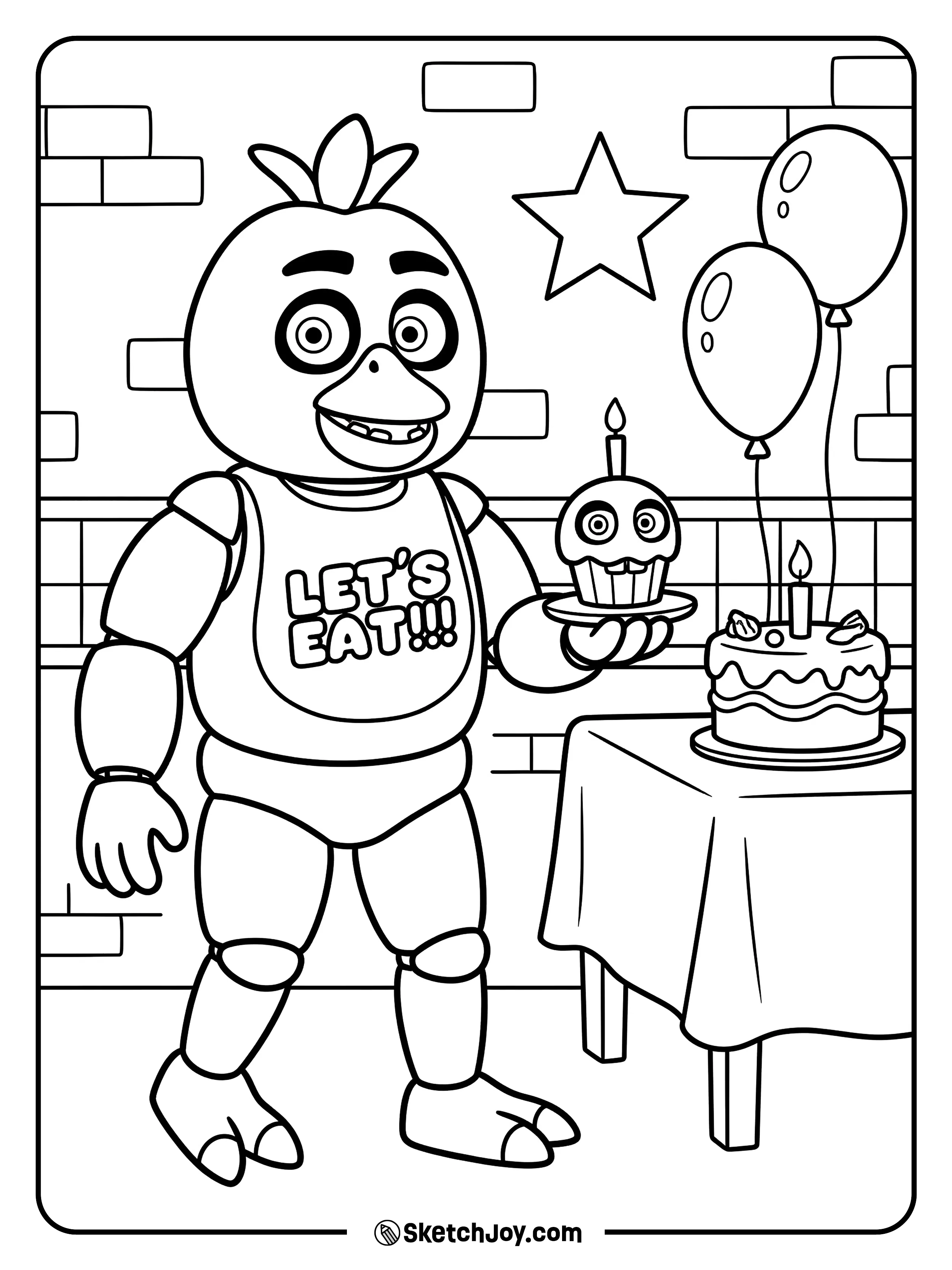 Chica walks with her cupcake past a simple party table.