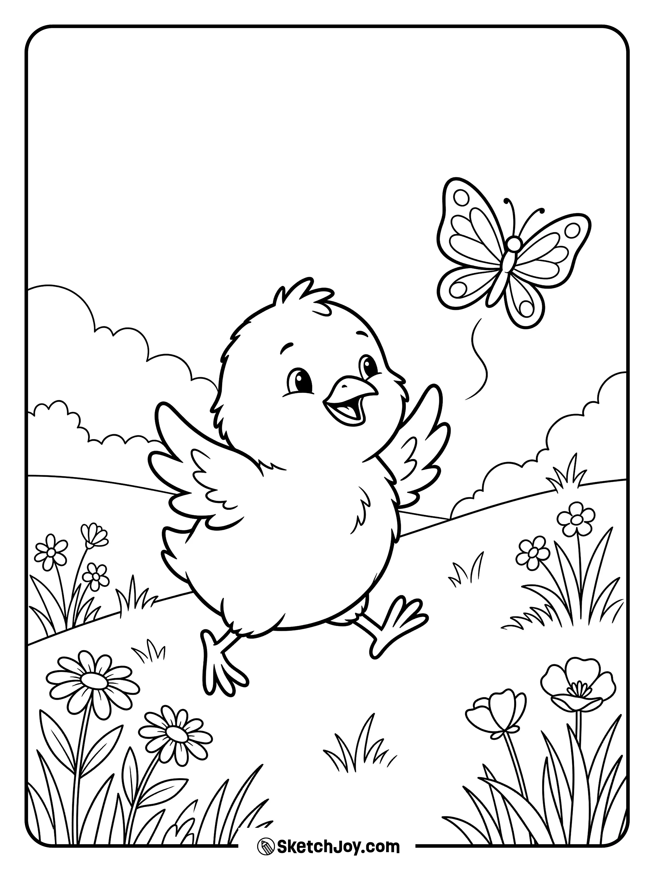 A playful chick runs after a butterfly in a light spring scene.