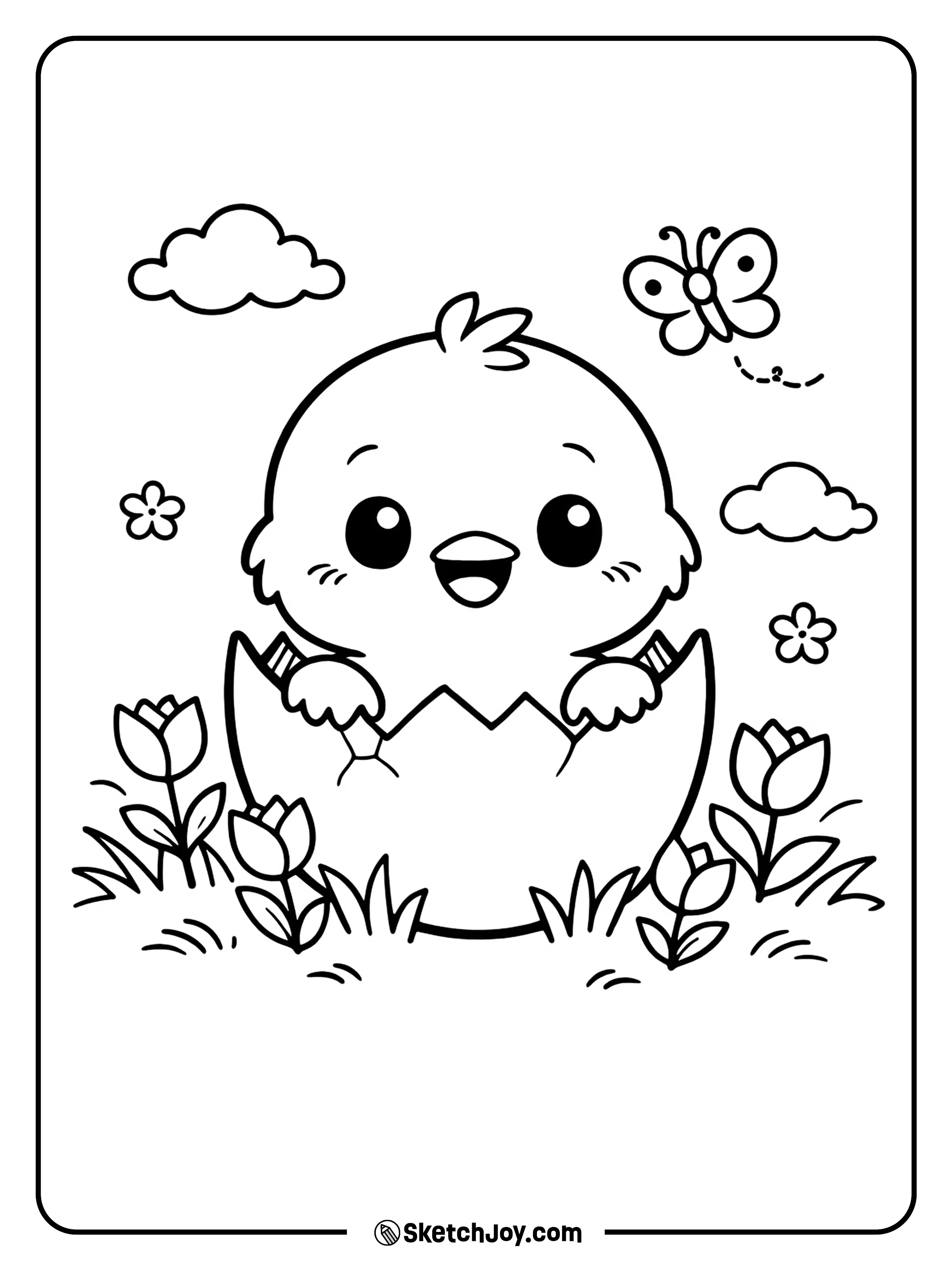 A fluffy chick pops out of an egg with flowers nearby.