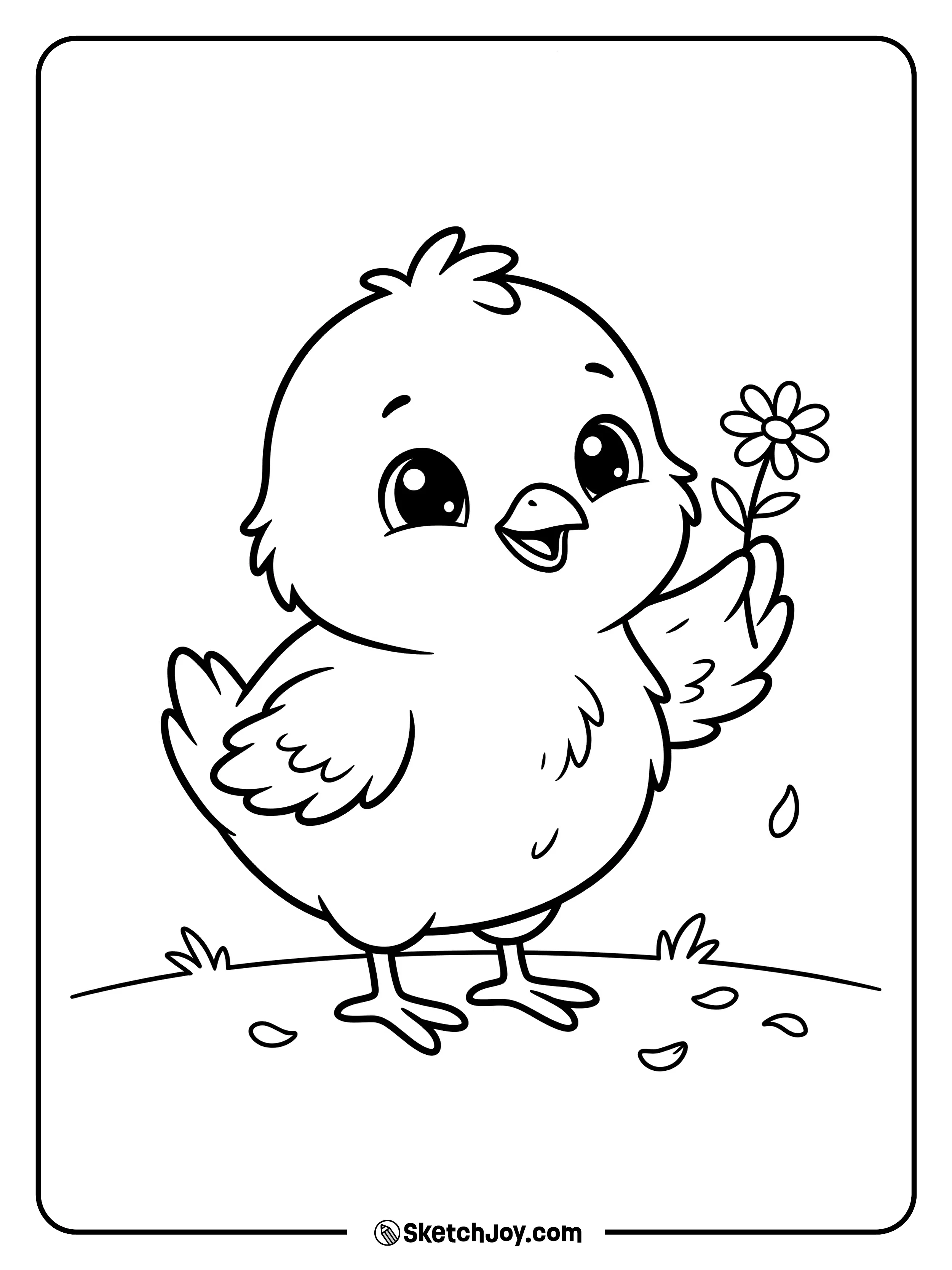 A small chick holds a flower and looks proud of its find.