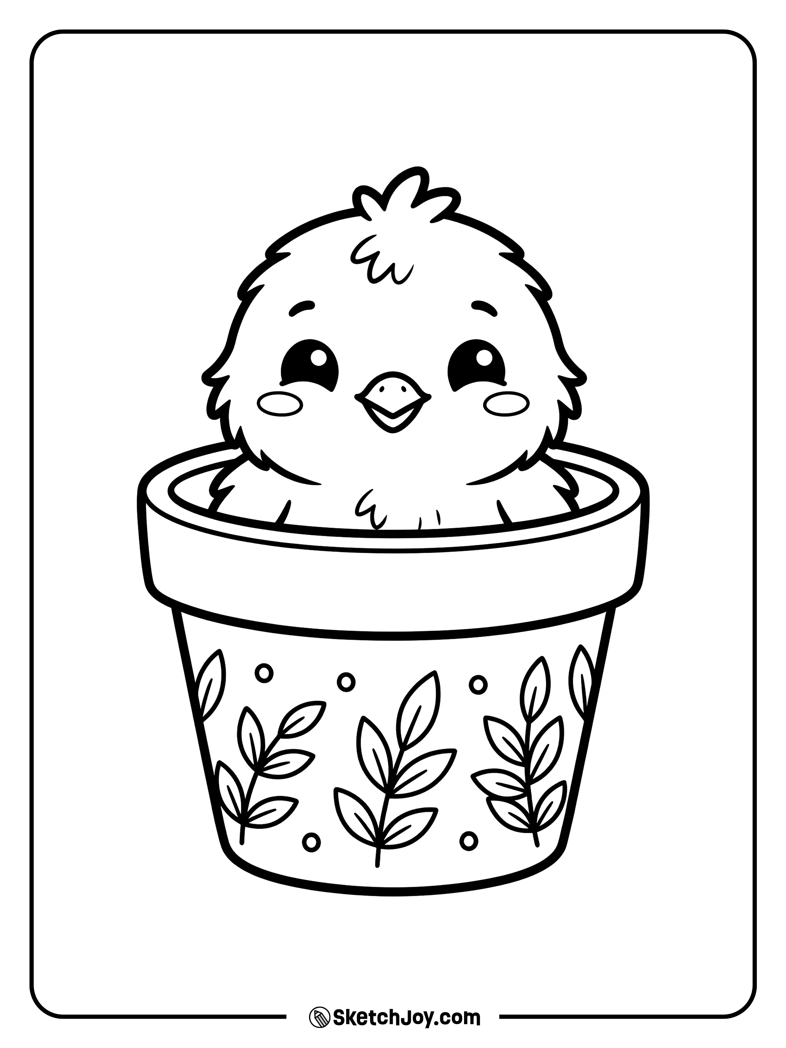A little chick sits in a flower pot and peeks over the edge.