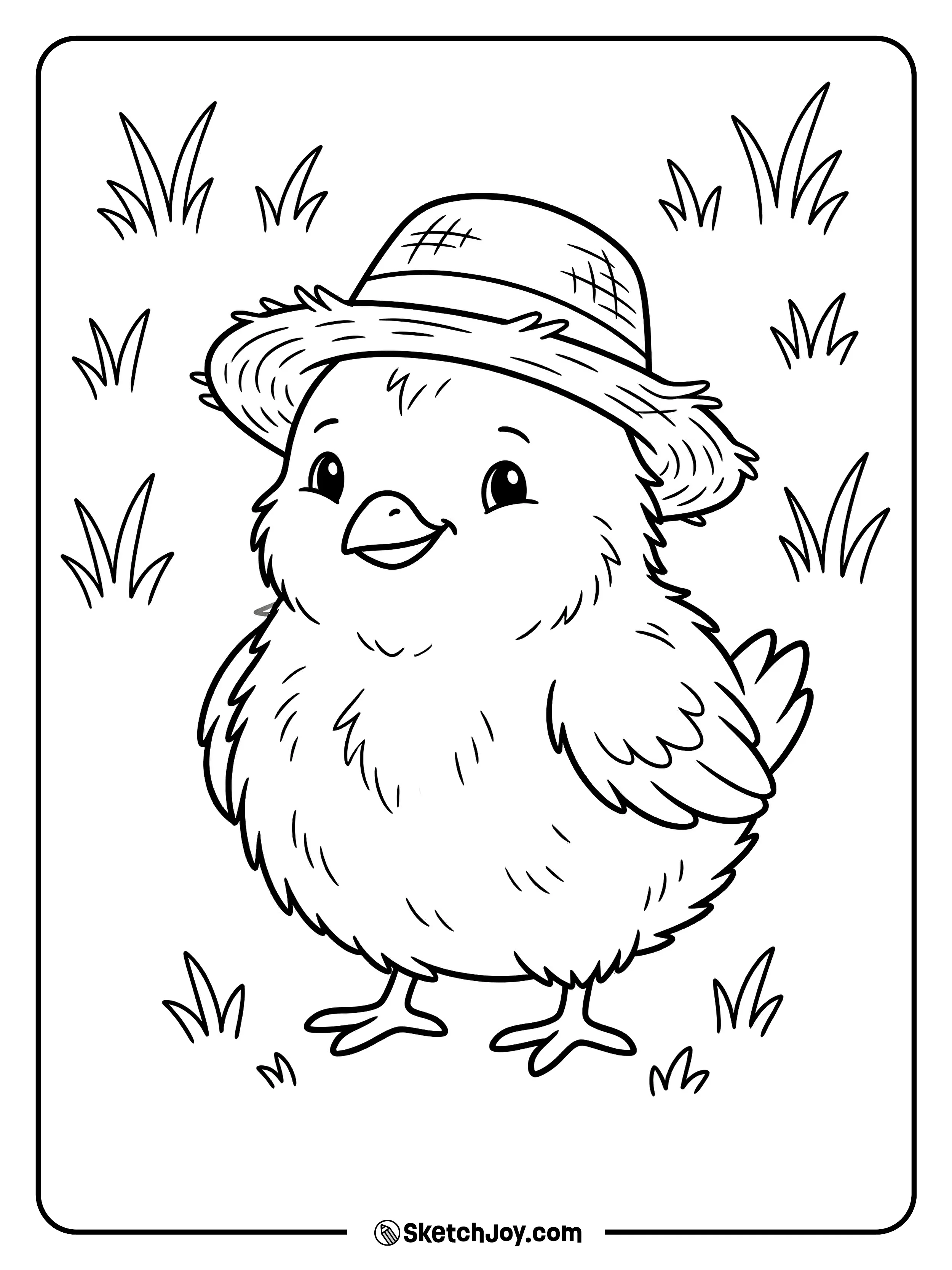 A baby chick wears a straw hat and stands in a sunny farm pose.