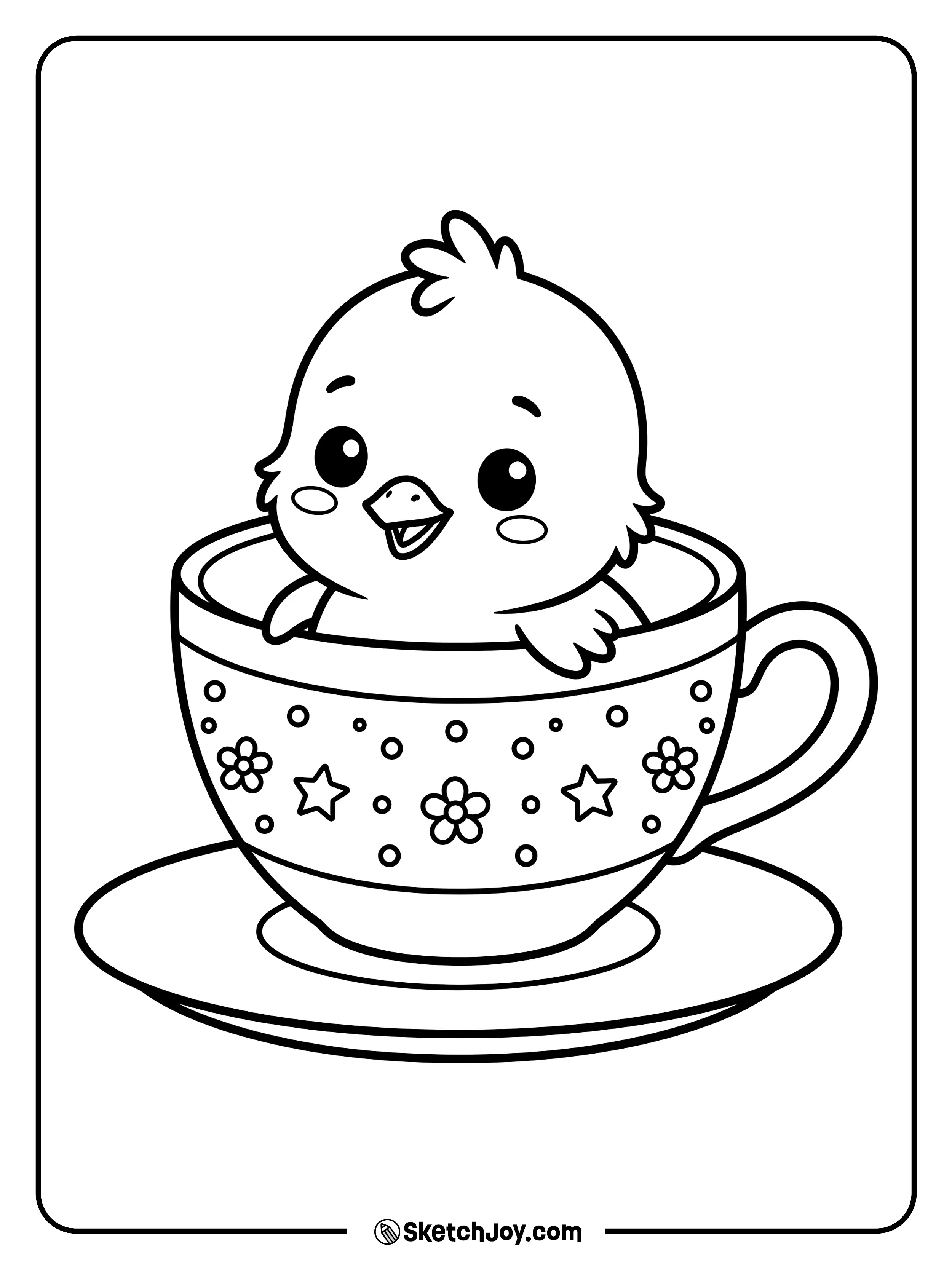 A tiny chick sits inside a teacup and peeks out with a sweet face.