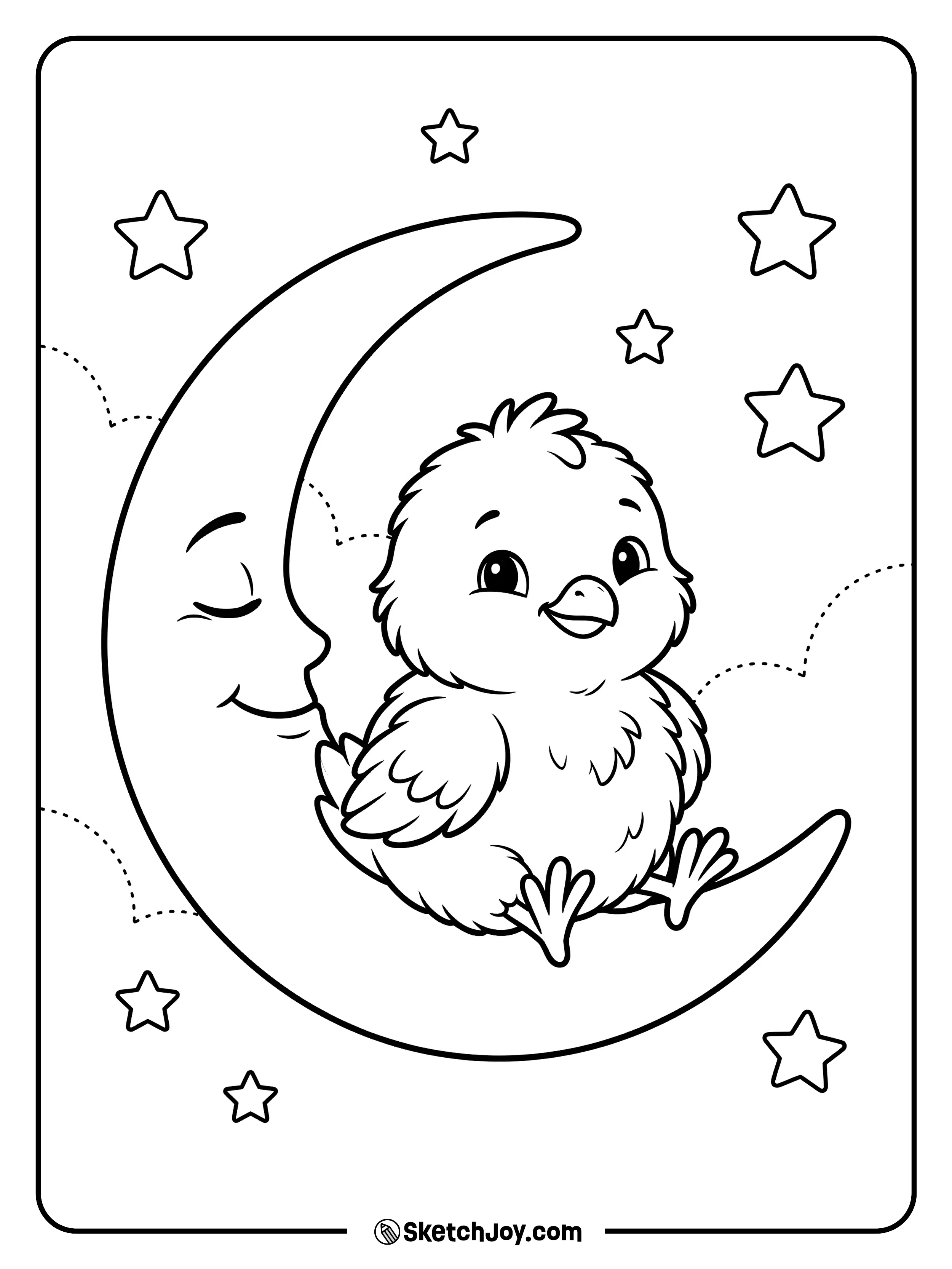 A sweet chick sits on a moon in a soft night scene.