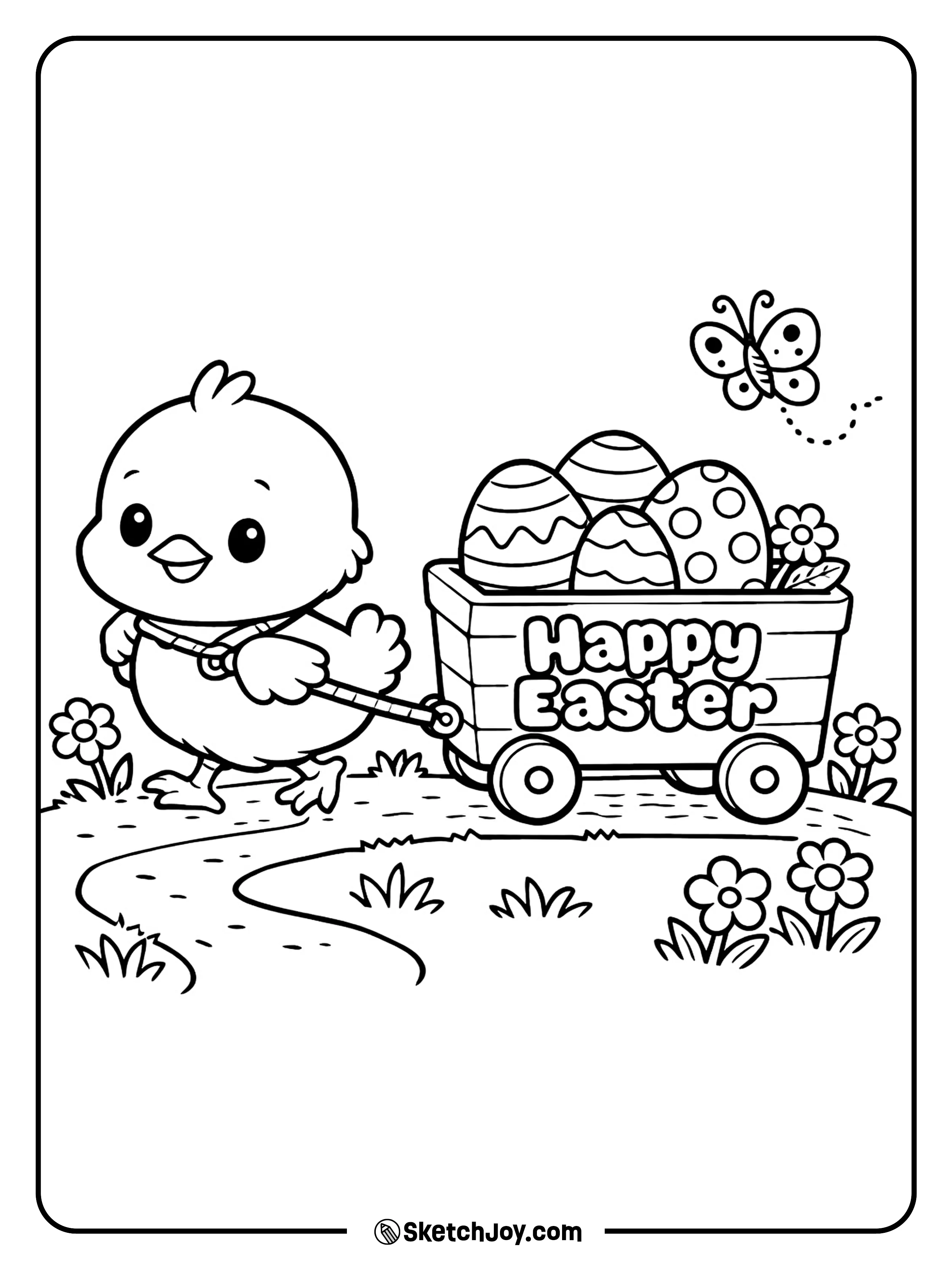 A little chick pulls a cart full of eggs.