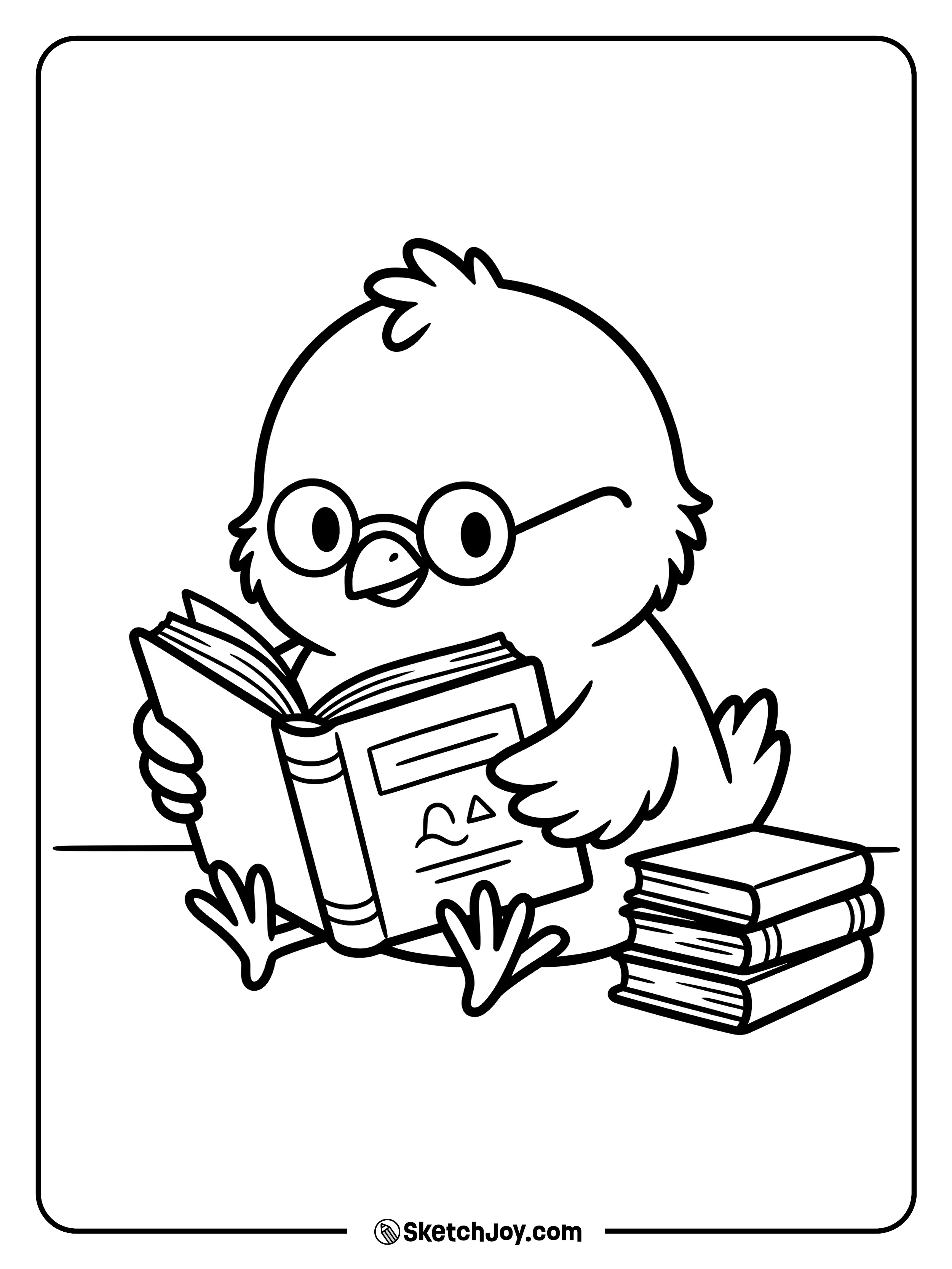 A smart little chick sits down with an open book and a calm smile.