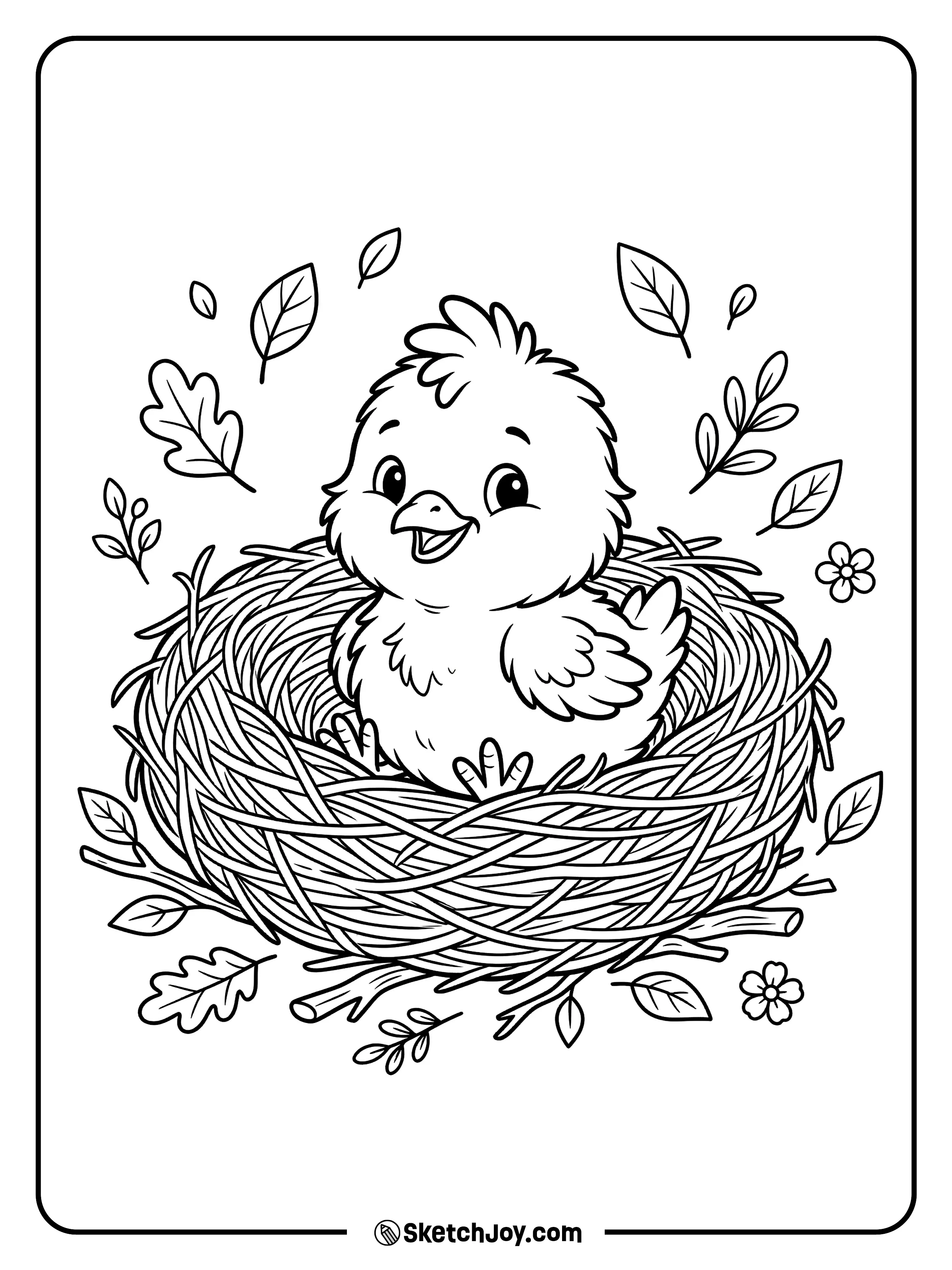 A fluffy chick sits in a cozy nest and peeks out with a happy face.