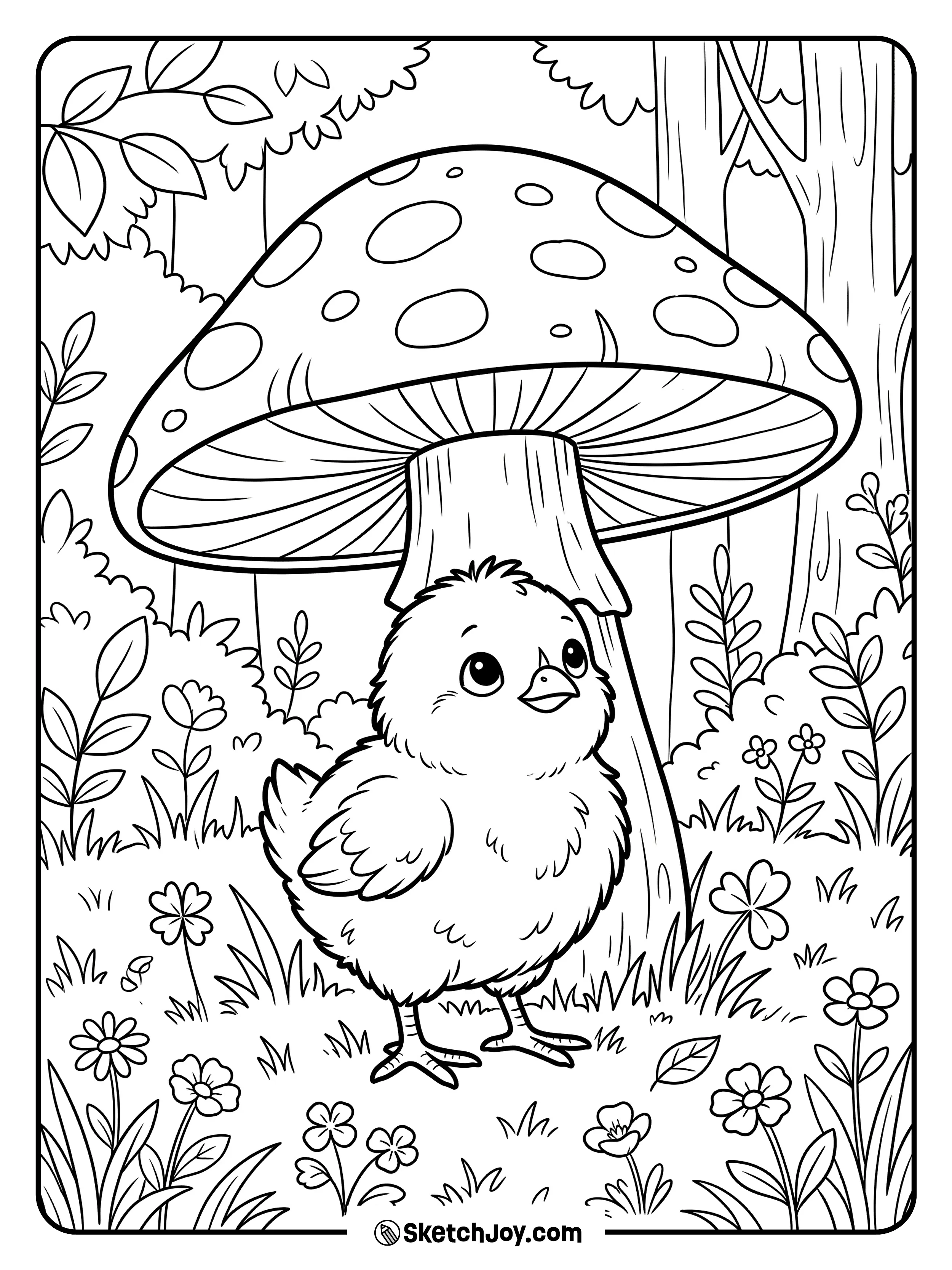 A baby chick stands under a mushroom like a tiny forest friend.