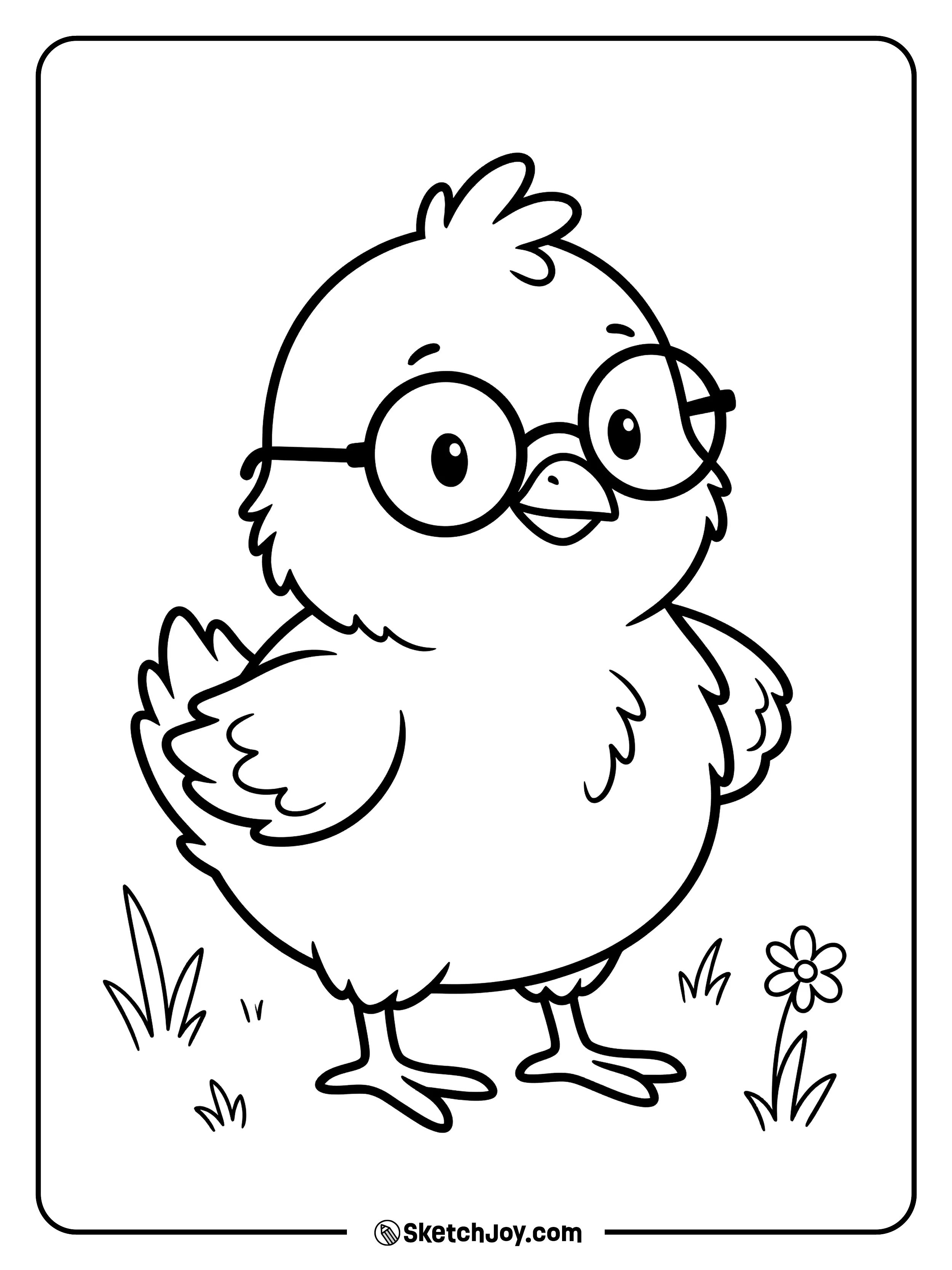 A tiny chick wears round glasses and has a smart little look.