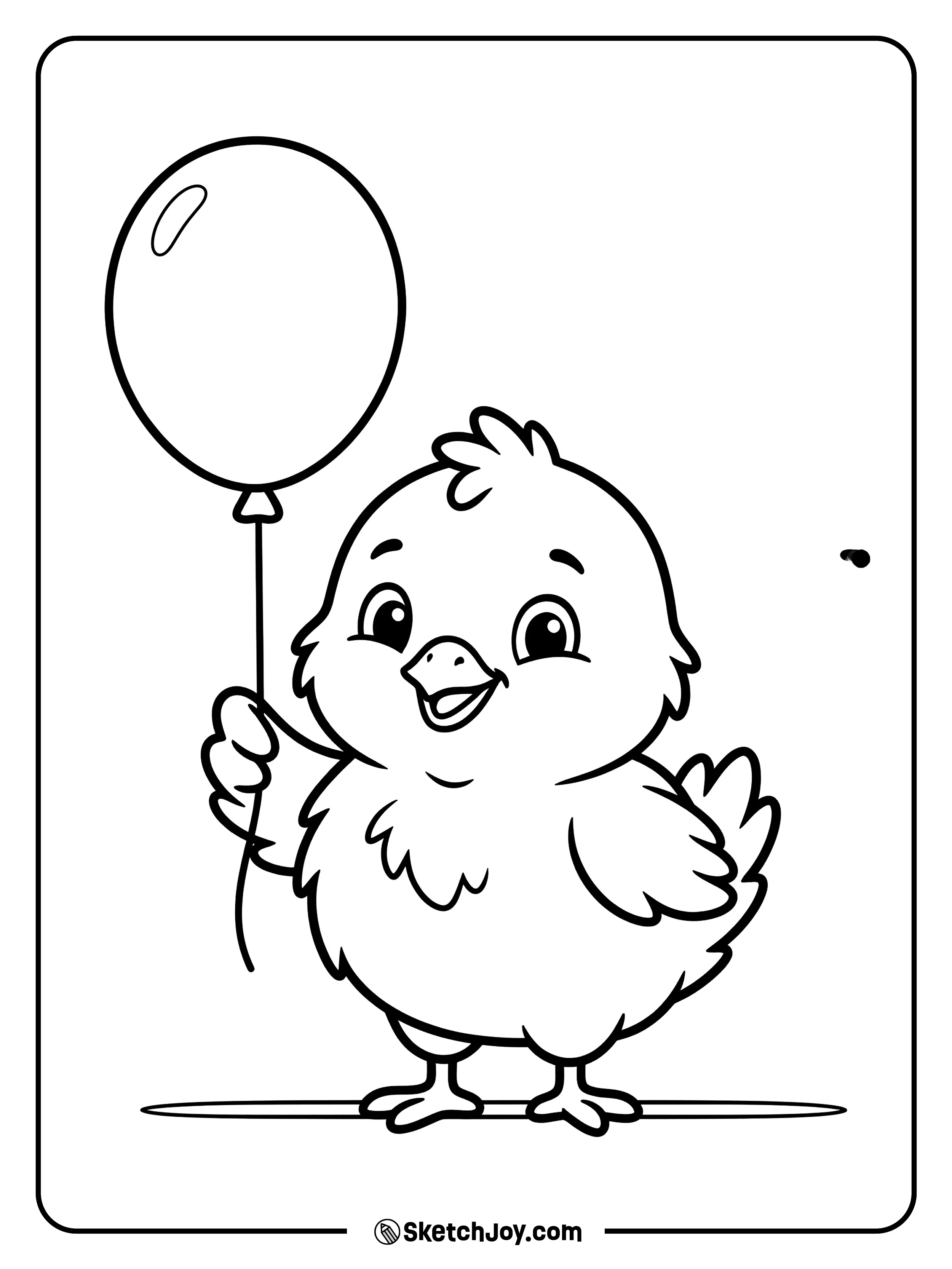 A tiny chick holds a balloon and looks ready for a fun day.