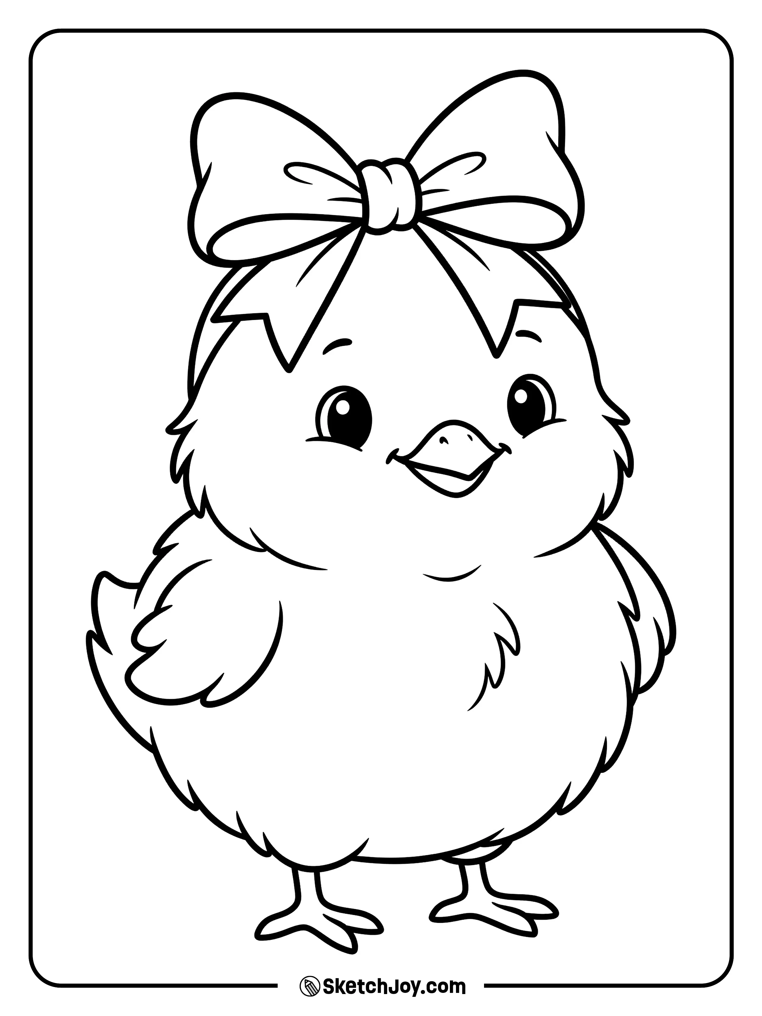 A fluffy chick wears a big ribbon and stands with a sweet smile.